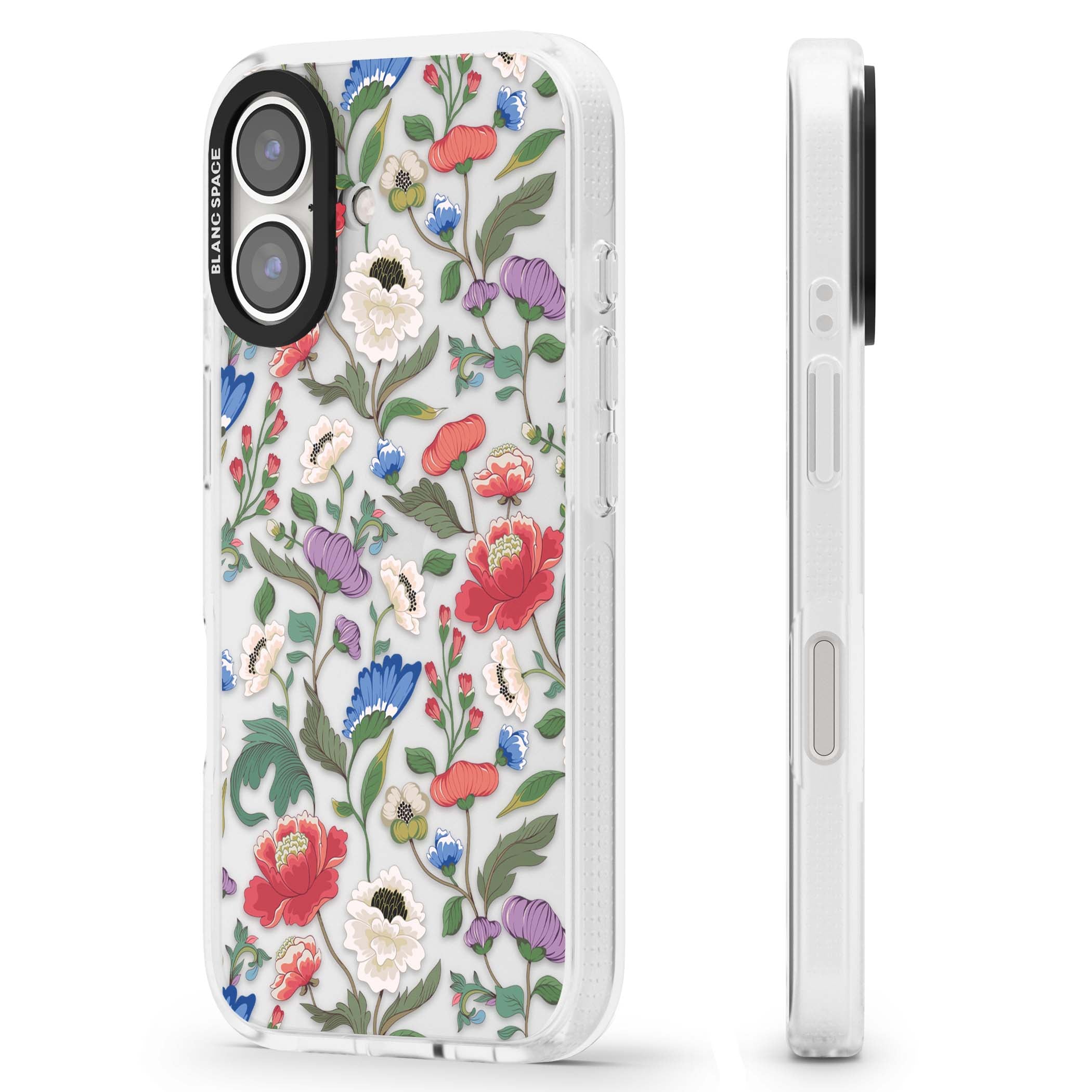 Chinoiserie Bloom vintage floral iPhone case featuring hand-painted peonies, poppies and trailing wildflowers on clear... | Clear Case Impact Air case for iPhone 16, iPhone 16 Plus