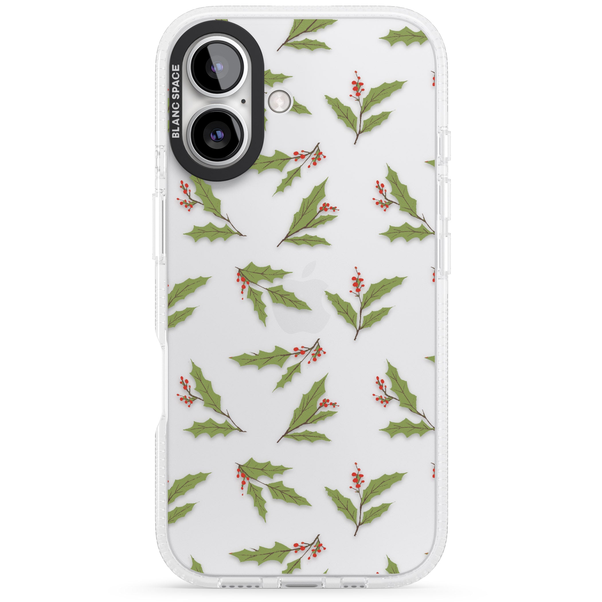 Christmas Holly Pattern iPhone 16 / 16 Plus Clear Case Impact Air - Blanc Space