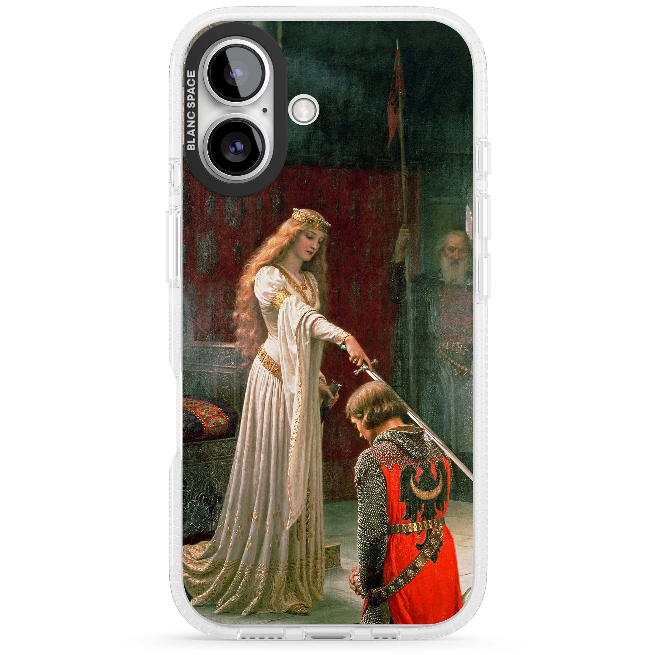 The Accolade renaissance art iPhone case featuring Edmund Blair Leighton's painting of a queen knighting a kneeling knight | Clear Case Impact Air case for iPhone 16, iPhone 16 Plus