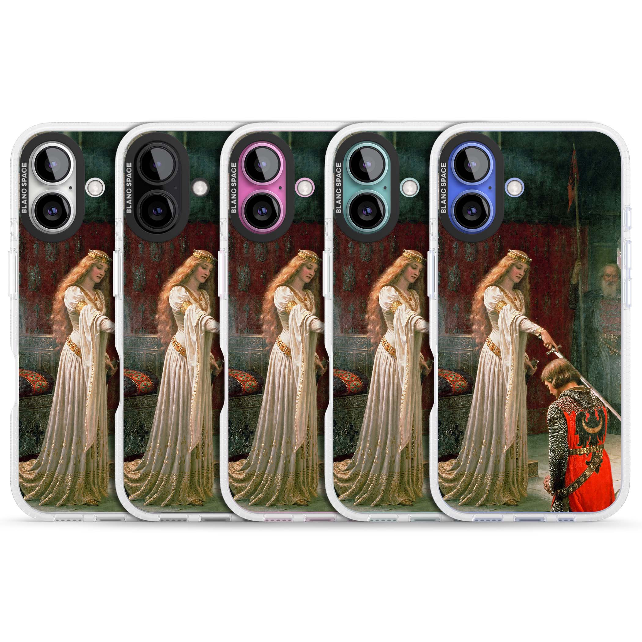 The Accolade renaissance art iPhone case featuring Edmund Blair Leighton's painting of a queen knighting a kneeling knight | Clear Case Impact Air case for iPhone 16, iPhone 16 Plus