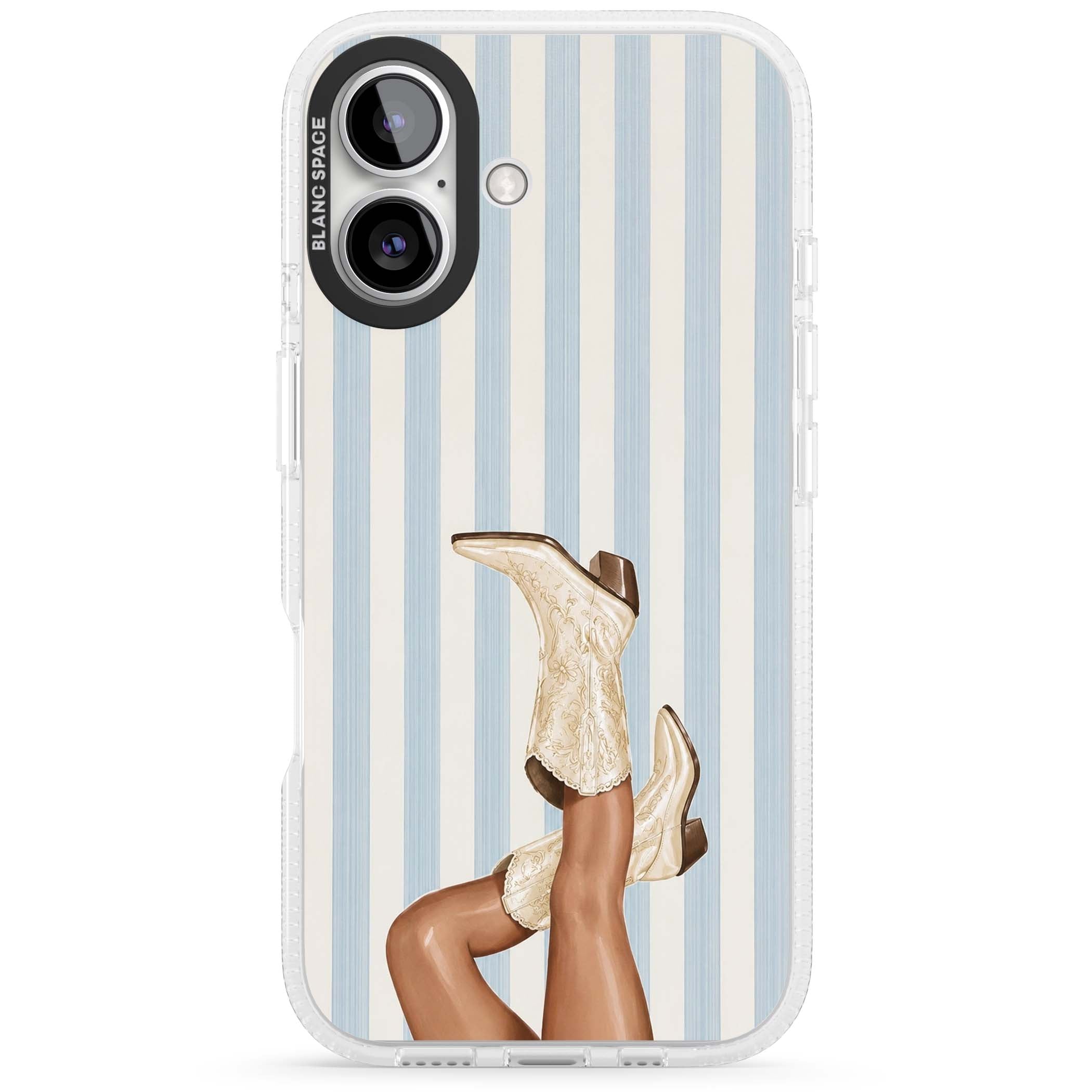 Cowgirl Boots coastal cowgirl iPhone case featuring embroidered western boots, tanned legs and a blue stripe backdrop | Clear Case Impact Air case for iPhone 16, iPhone 16 Plus