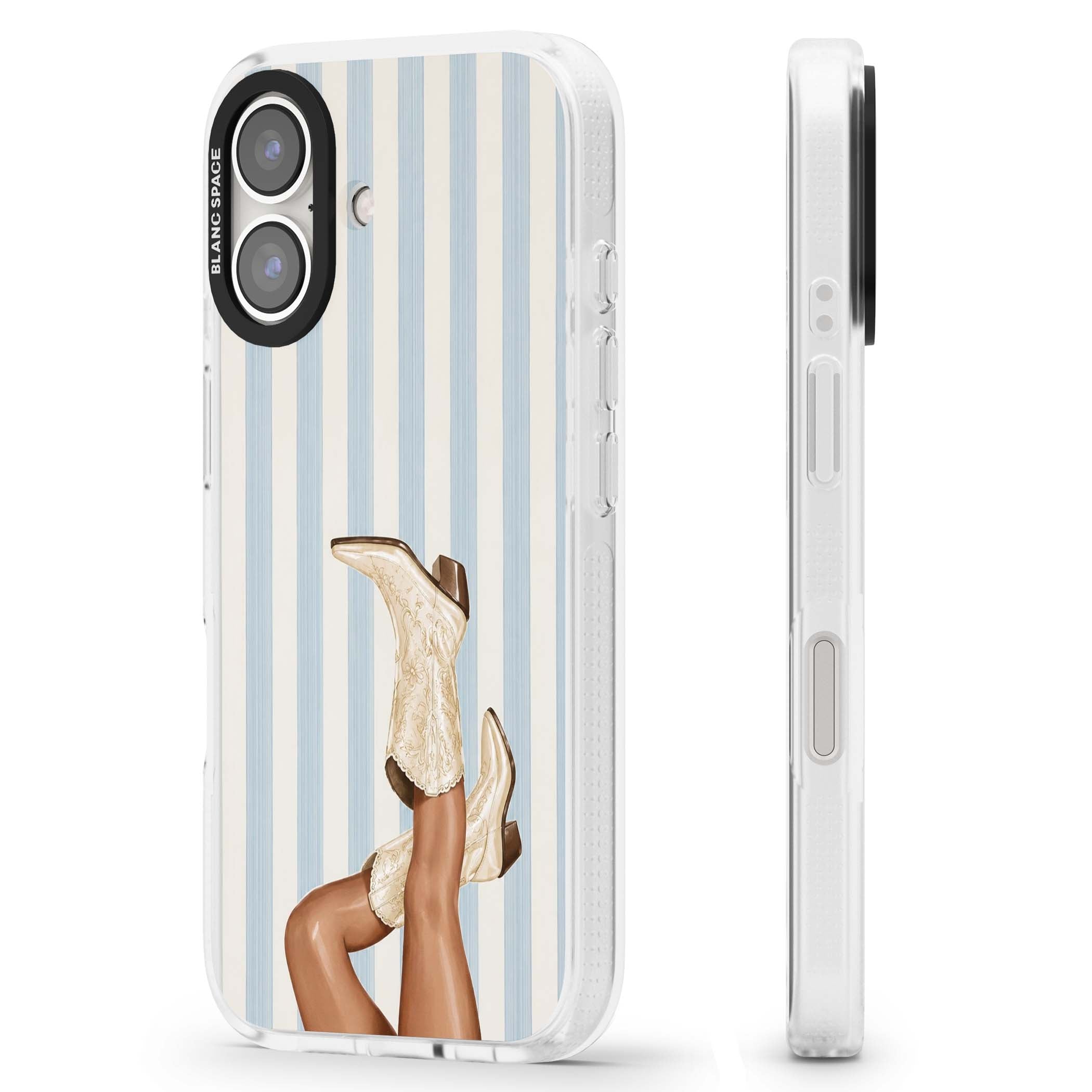 Cowgirl Boots coastal cowgirl iPhone case featuring embroidered western boots, tanned legs and a blue stripe backdrop | Clear Case Impact Air case for iPhone 16, iPhone 16 Plus