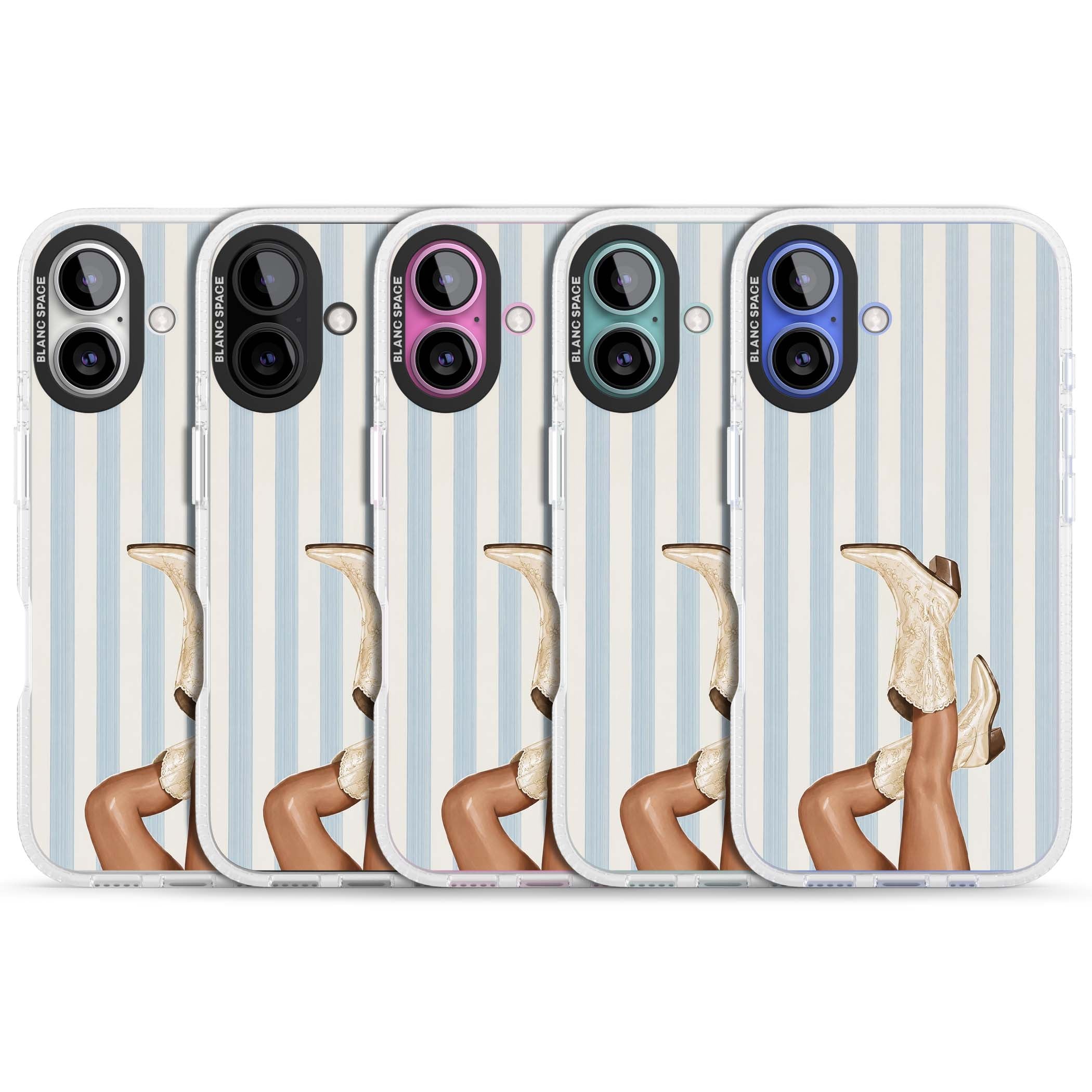 Cowgirl Boots coastal cowgirl iPhone case featuring embroidered western boots, tanned legs and a blue stripe backdrop | Clear Case Impact Air case for iPhone 16, iPhone 16 Plus
