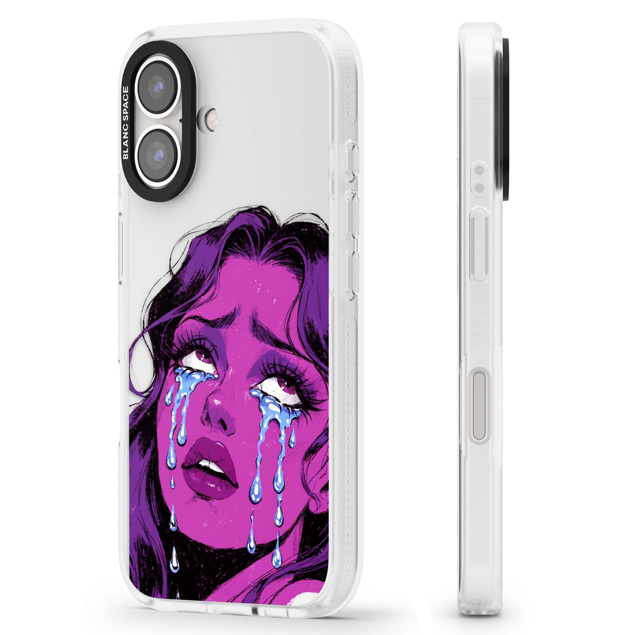 Drama Queen pop art iPhone case featuring a purple crying comic girl with blue tears | Clear Case Impact Air case for iPhone 16, iPhone 16 Plus