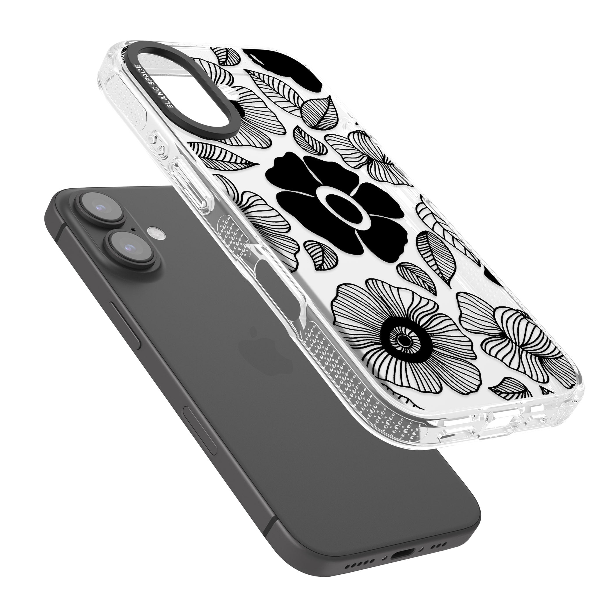 Black Flowers iPhone 16 / 16 Plus Clear Case Impact Air - Blanc Space