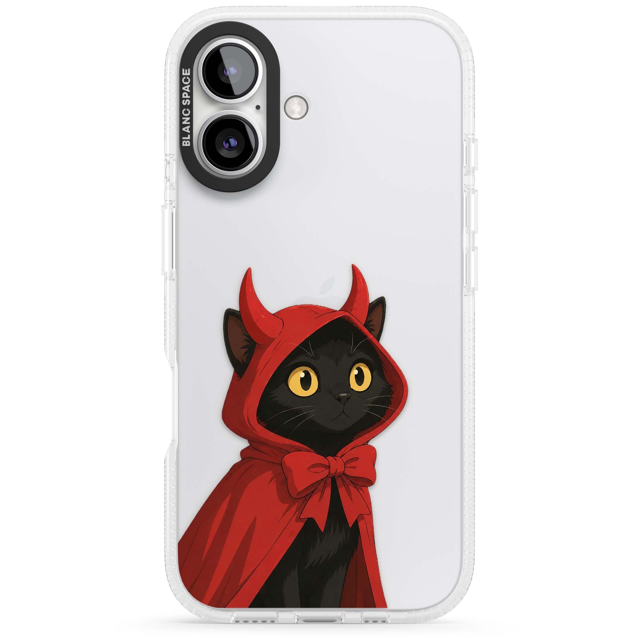 Little Devil halloween iPhone case featuring a black cat in a red hooded devil cloak with horns and golden eyes | Clear Case Impact Air case for iPhone 16, iPhone 16 Plus