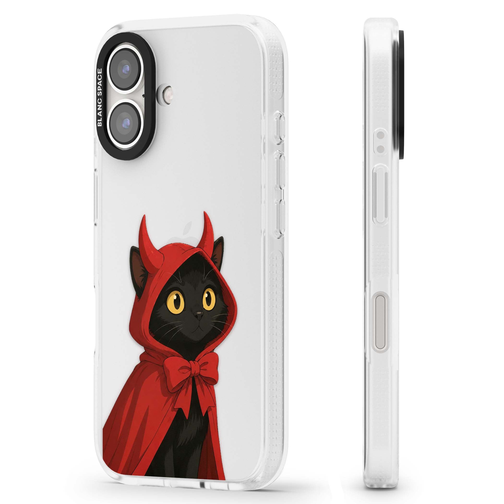 Little Devil halloween iPhone case featuring a black cat in a red hooded devil cloak with horns and golden eyes | Clear Case Impact Air case for iPhone 16, iPhone 16 Plus