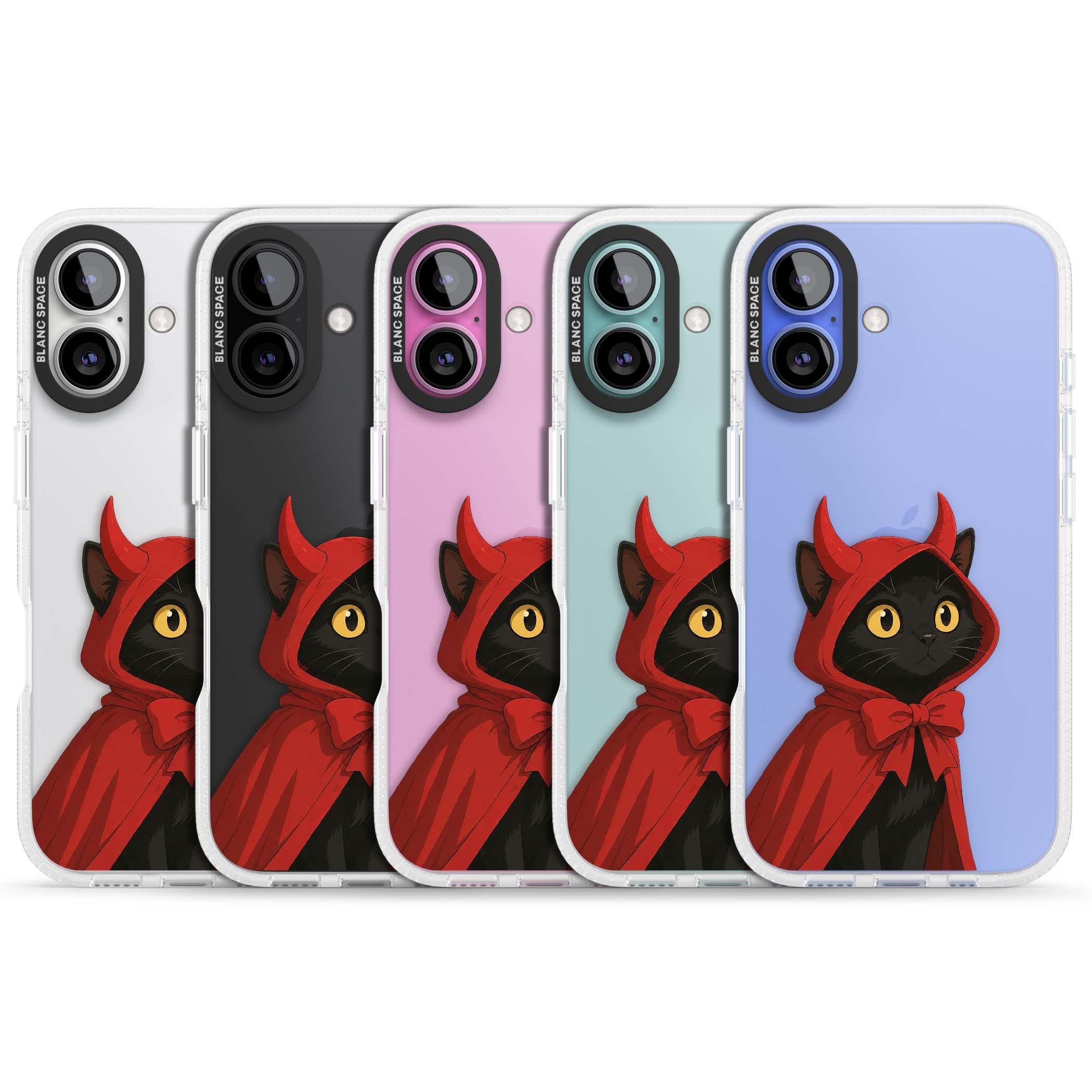 Little Devil halloween iPhone case featuring a black cat in a red hooded devil cloak with horns and golden eyes | Clear Case Impact Air case for iPhone 16, iPhone 16 Plus