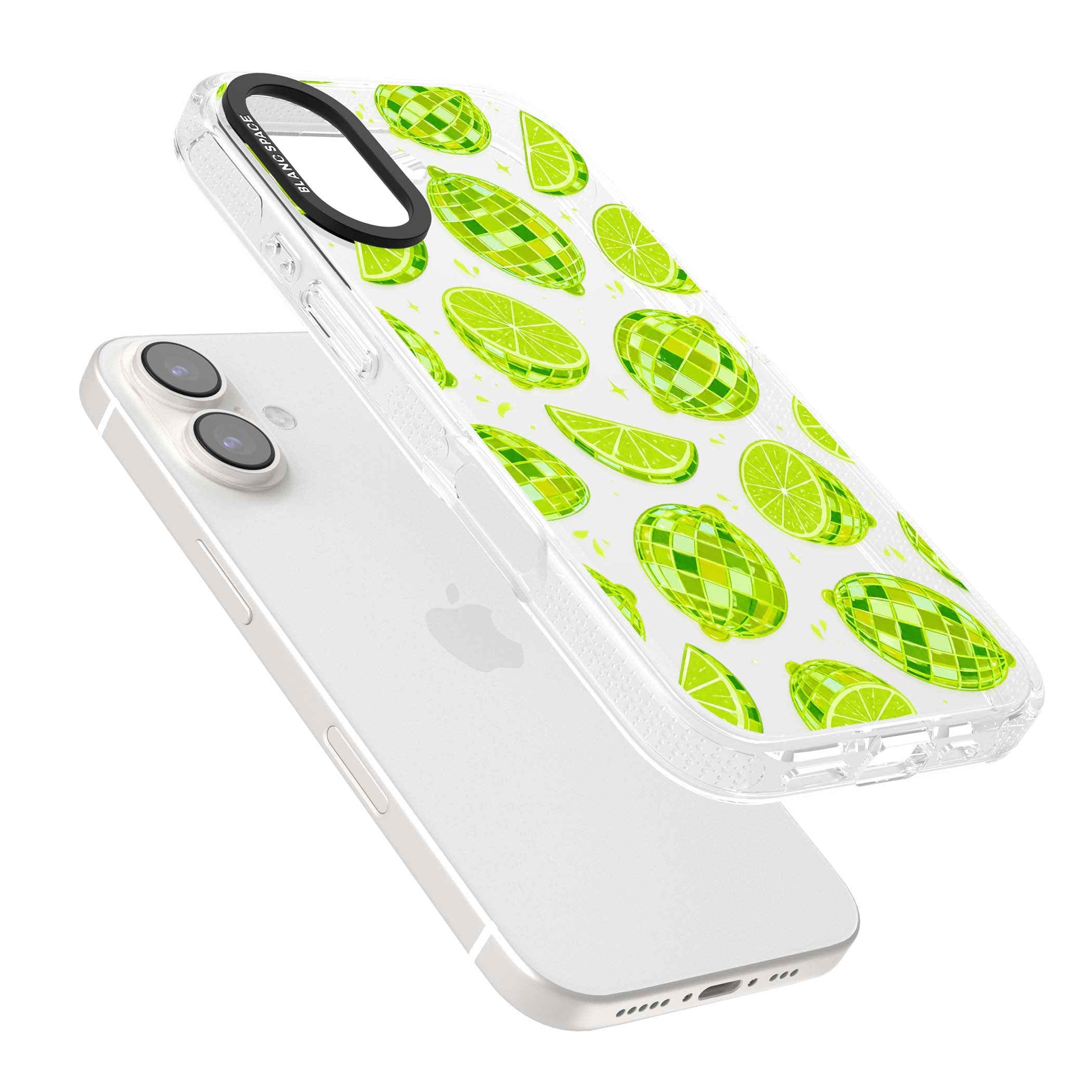 Disco Limes fruit aesthetic iPhone case featuring green disco balls, lime slices and citrus sparkles | Clear Case Impact Air case for iPhone 16, iPhone 16 Plus