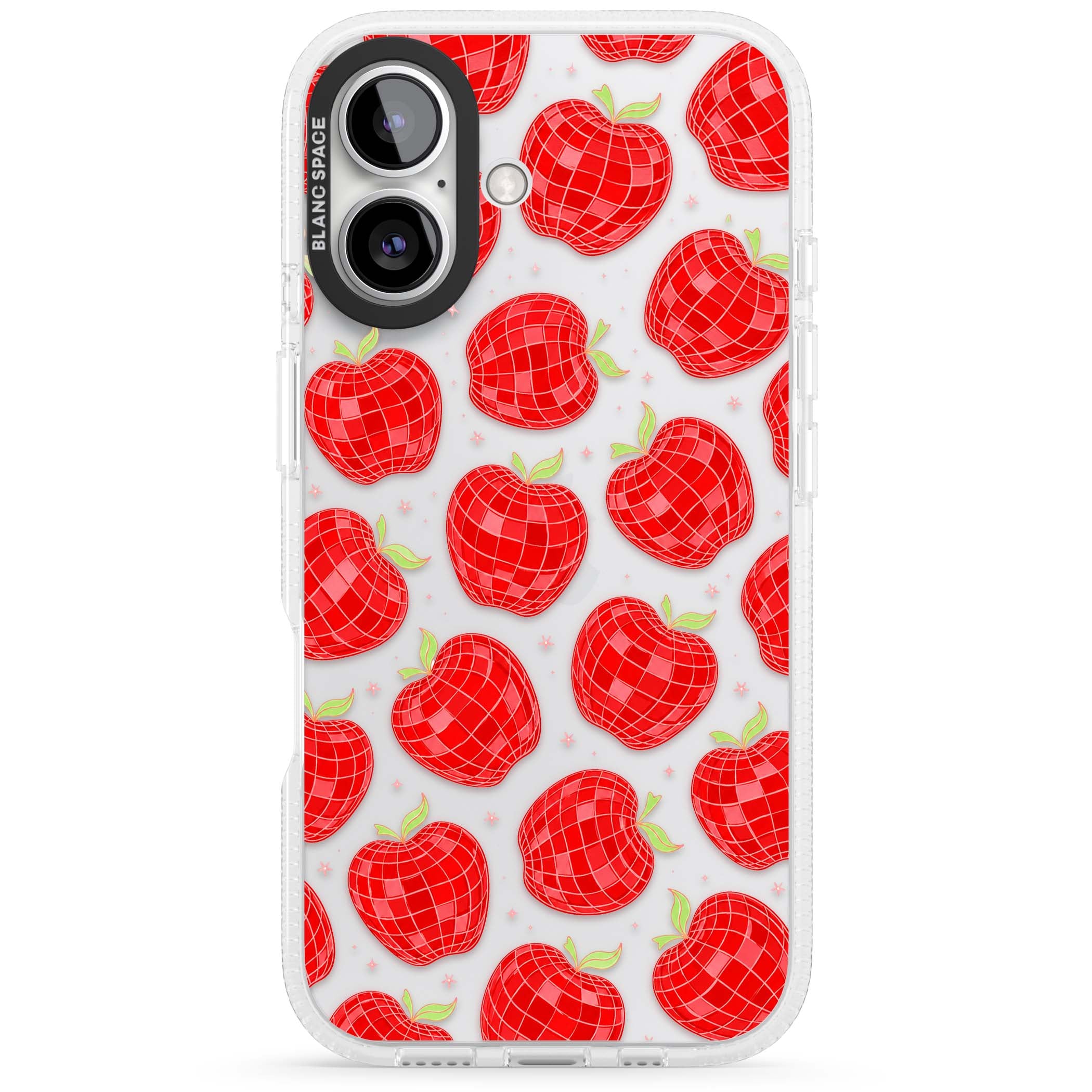 Disco Apples Y2K iPhone case featuring red disco ball apples, green leaves and pink sparkles on clear | Clear Case Impact Air case for iPhone 16, iPhone 16 Plus