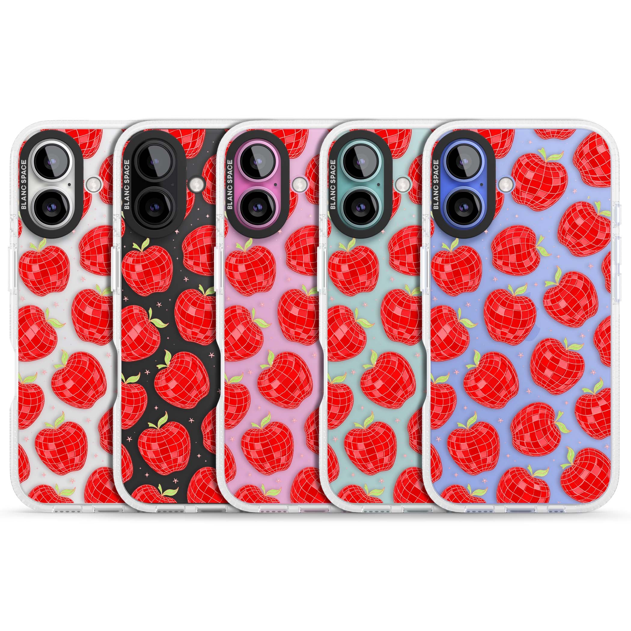 Disco Apples Y2K iPhone case featuring red disco ball apples, green leaves and pink sparkles on clear | Clear Case Impact Air case for iPhone 16, iPhone 16 Plus