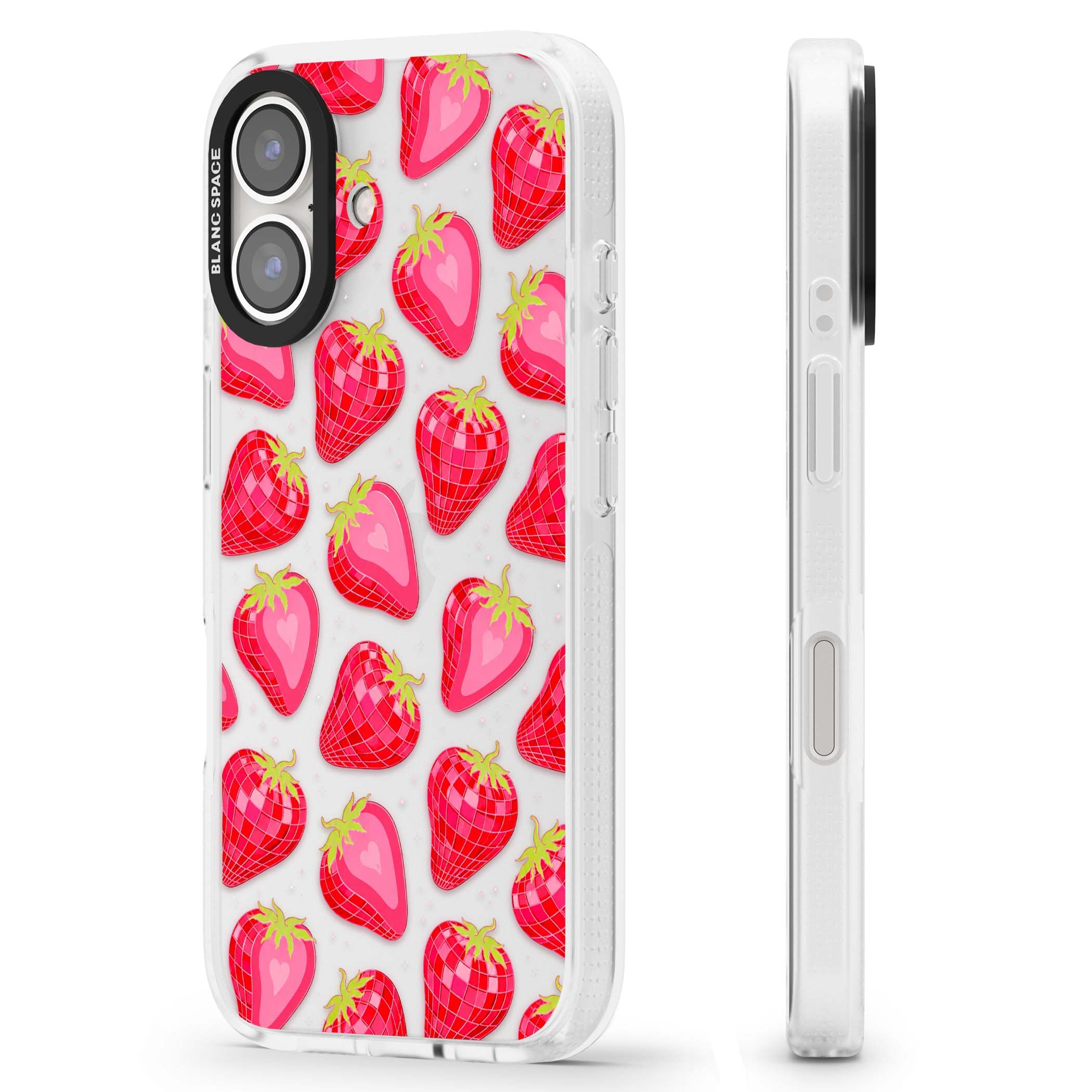 Disco Strawberry Y2K iPhone case featuring pink disco-ball strawberries, green leaves and tiny sparkles | Clear Case Impact Air case for iPhone 16, iPhone 16 Plus