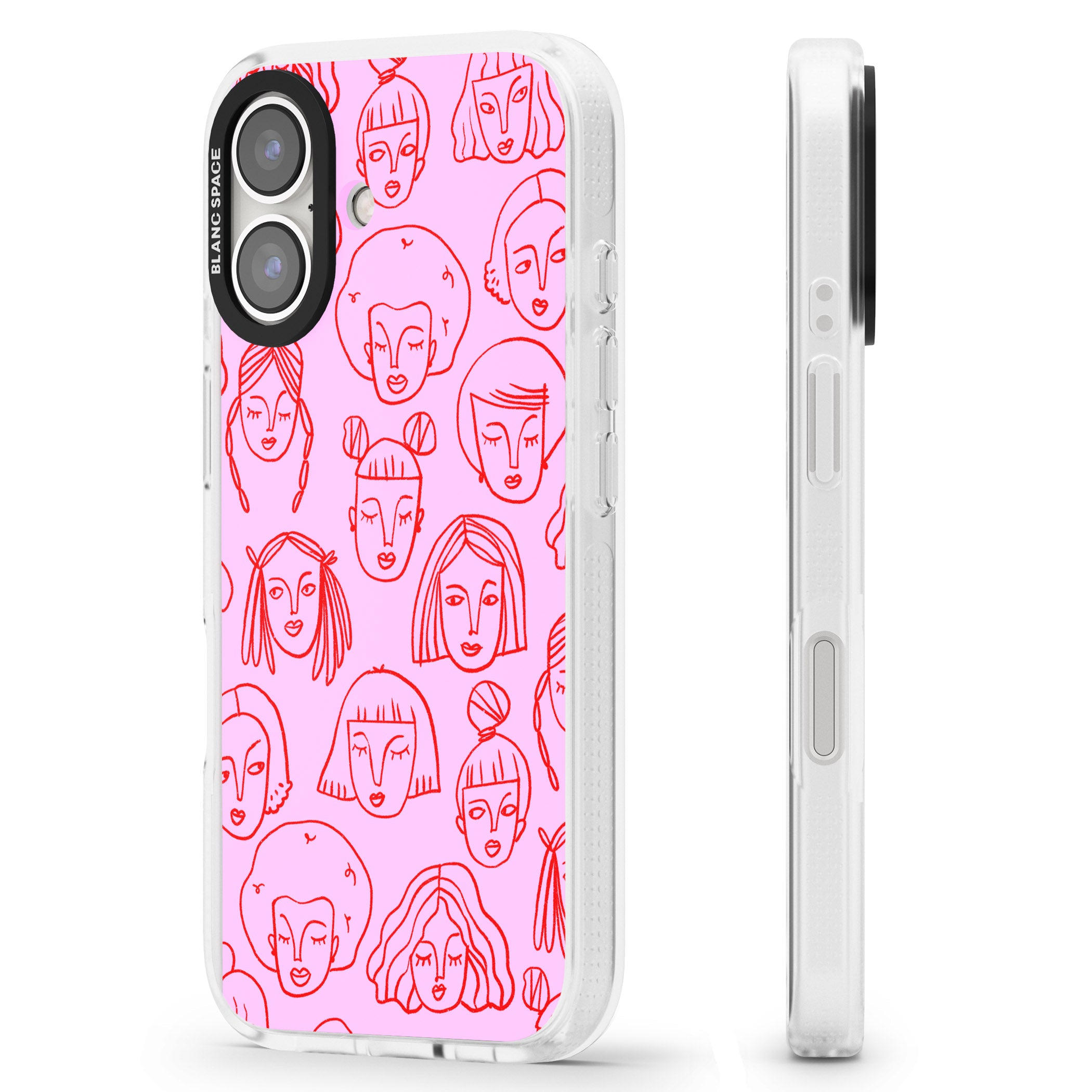 Girl Portrait Doodles in Pink & Red iPhone 16 / 16 Plus Clear Case Impact Air - Blanc Space