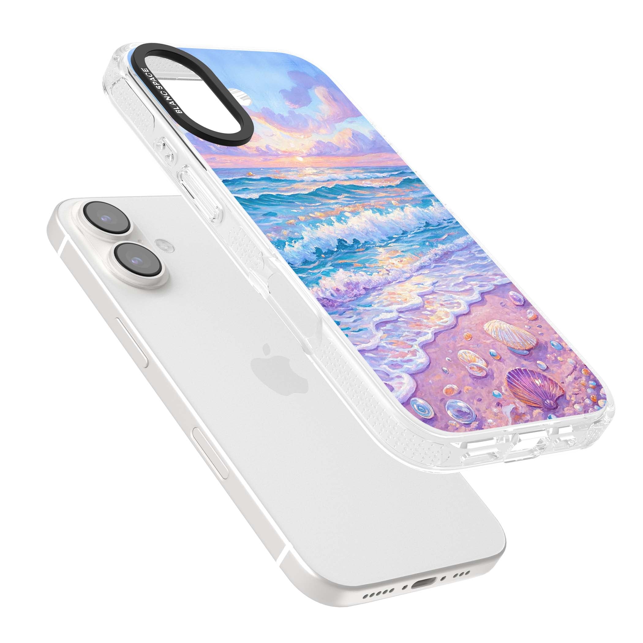 Pearl Shore coastal iPhone case featuring pastel painted waves, seashells, and a sunrise sky over a lavender beach. | Clear Case Impact Air case for iPhone 16, iPhone 16 Plus