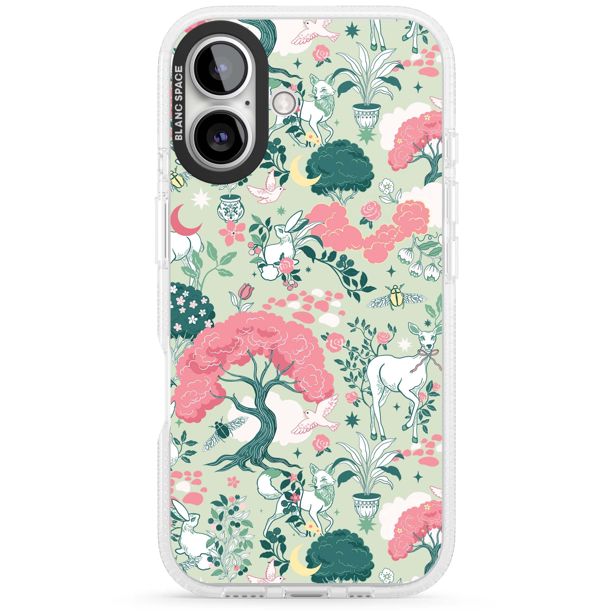 Enchanted Woodland cottagecore iPhone case featuring white deer, pink roses, mushrooms and woodland animals on sage green | Clear Case Impact Air case for iPhone 16, iPhone 16 Plus
