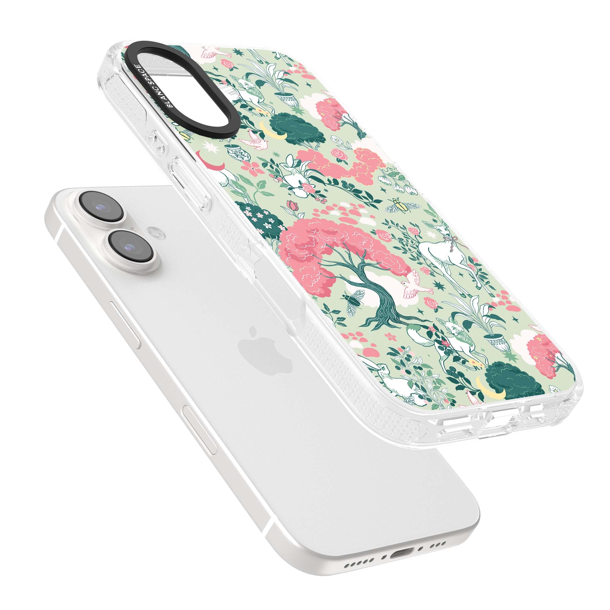 Enchanted Woodland cottagecore iPhone case featuring white deer, pink roses, mushrooms and woodland animals on sage green | Clear Case Impact Air case for iPhone 16, iPhone 16 Plus