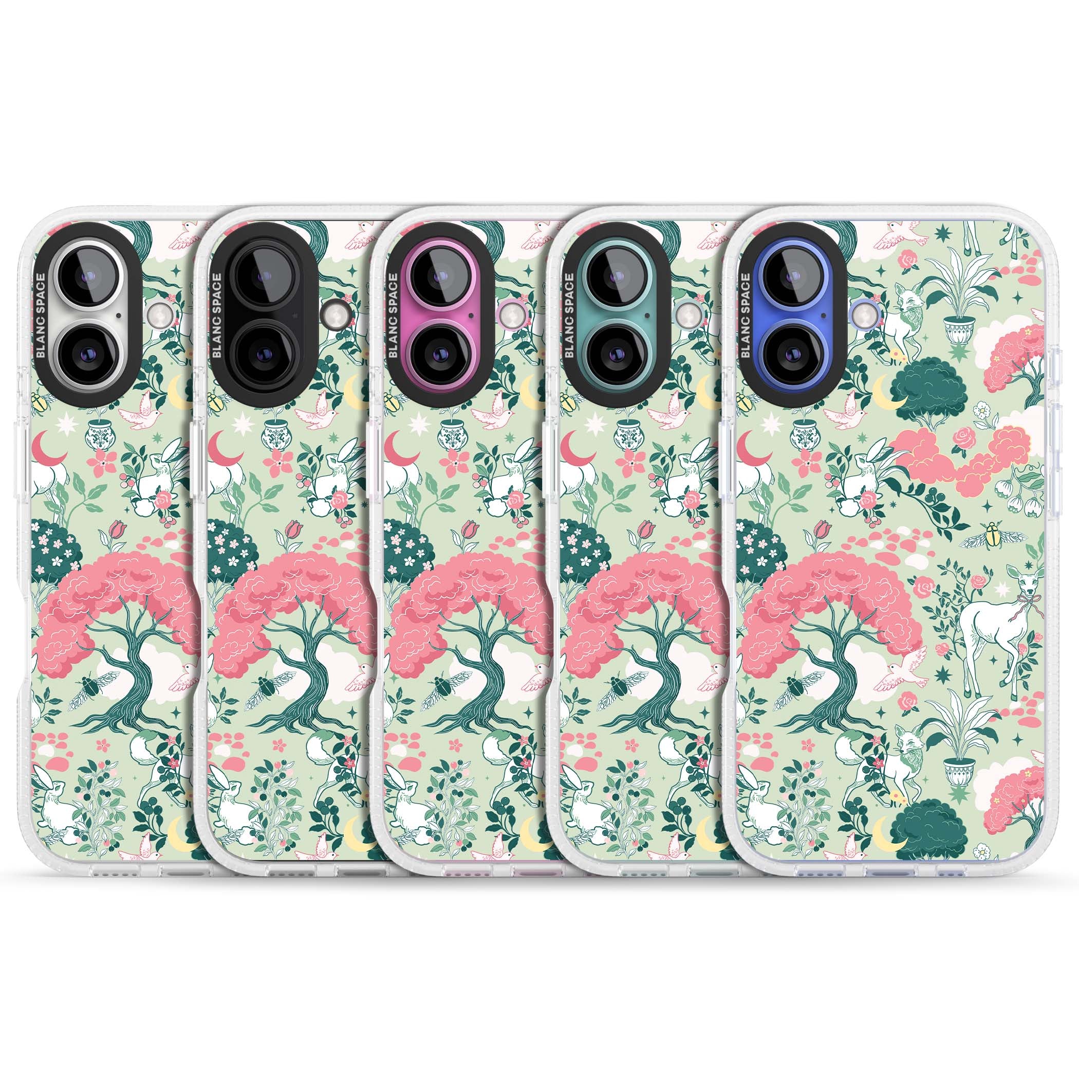 Enchanted Woodland cottagecore iPhone case featuring white deer, pink roses, mushrooms and woodland animals on sage green | Clear Case Impact Air case for iPhone 16, iPhone 16 Plus