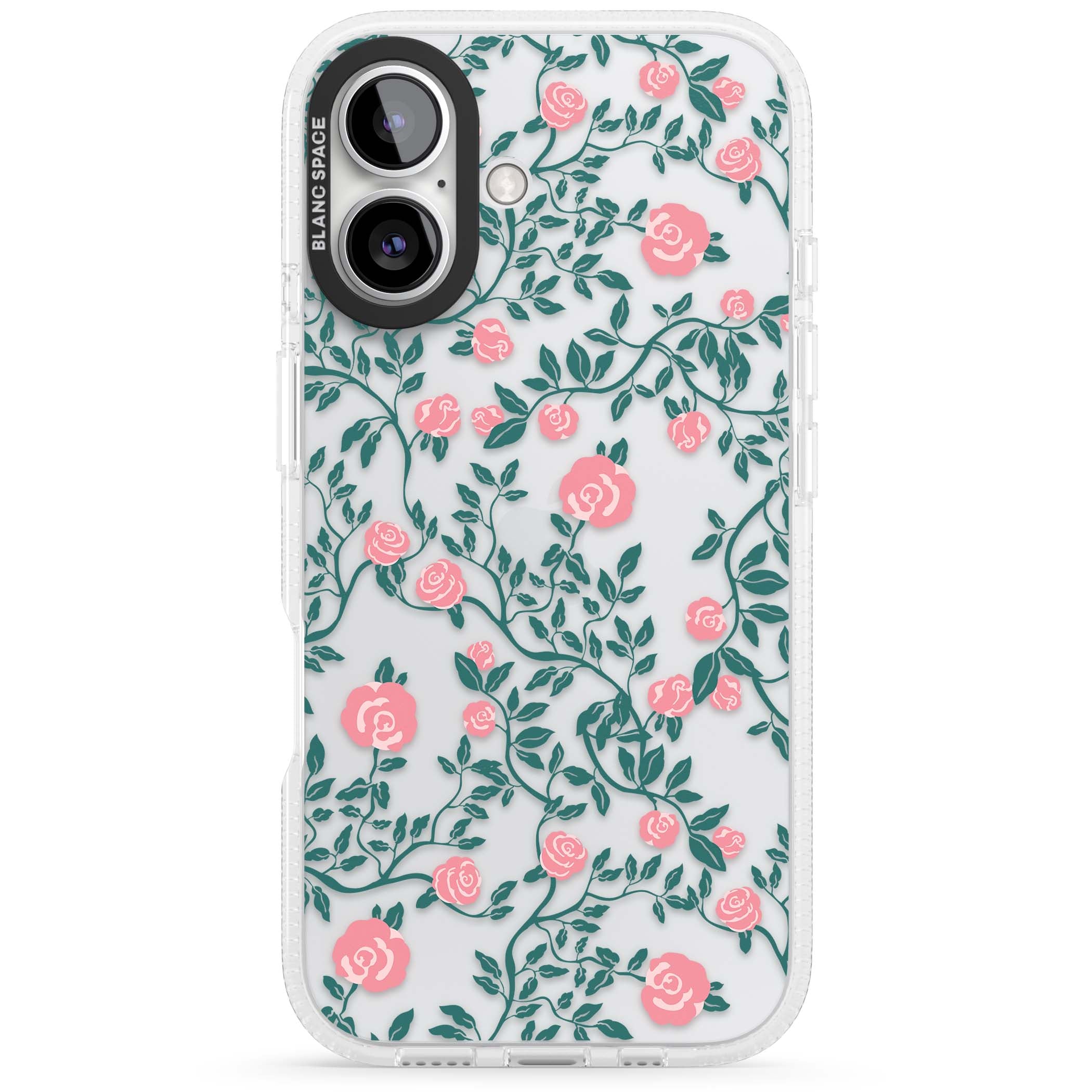 Rose Trellis (Clear) cottagecore iPhone case featuring pink climbing roses and green leaves on clear background | Clear Case Impact Air case for iPhone 16, iPhone 16 Plus