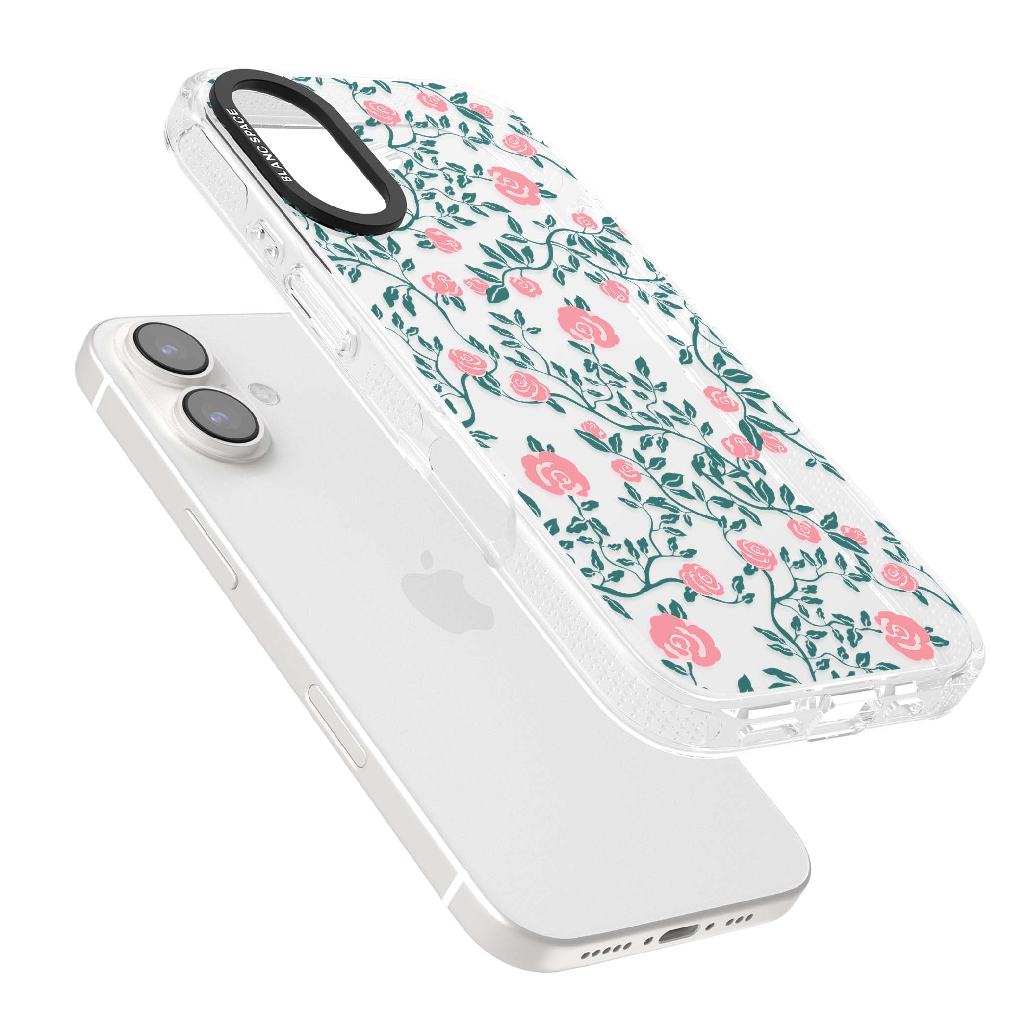 Rose Trellis (Clear) cottagecore iPhone case featuring pink climbing roses and green leaves on clear background | Clear Case Impact Air case for iPhone 16, iPhone 16 Plus
