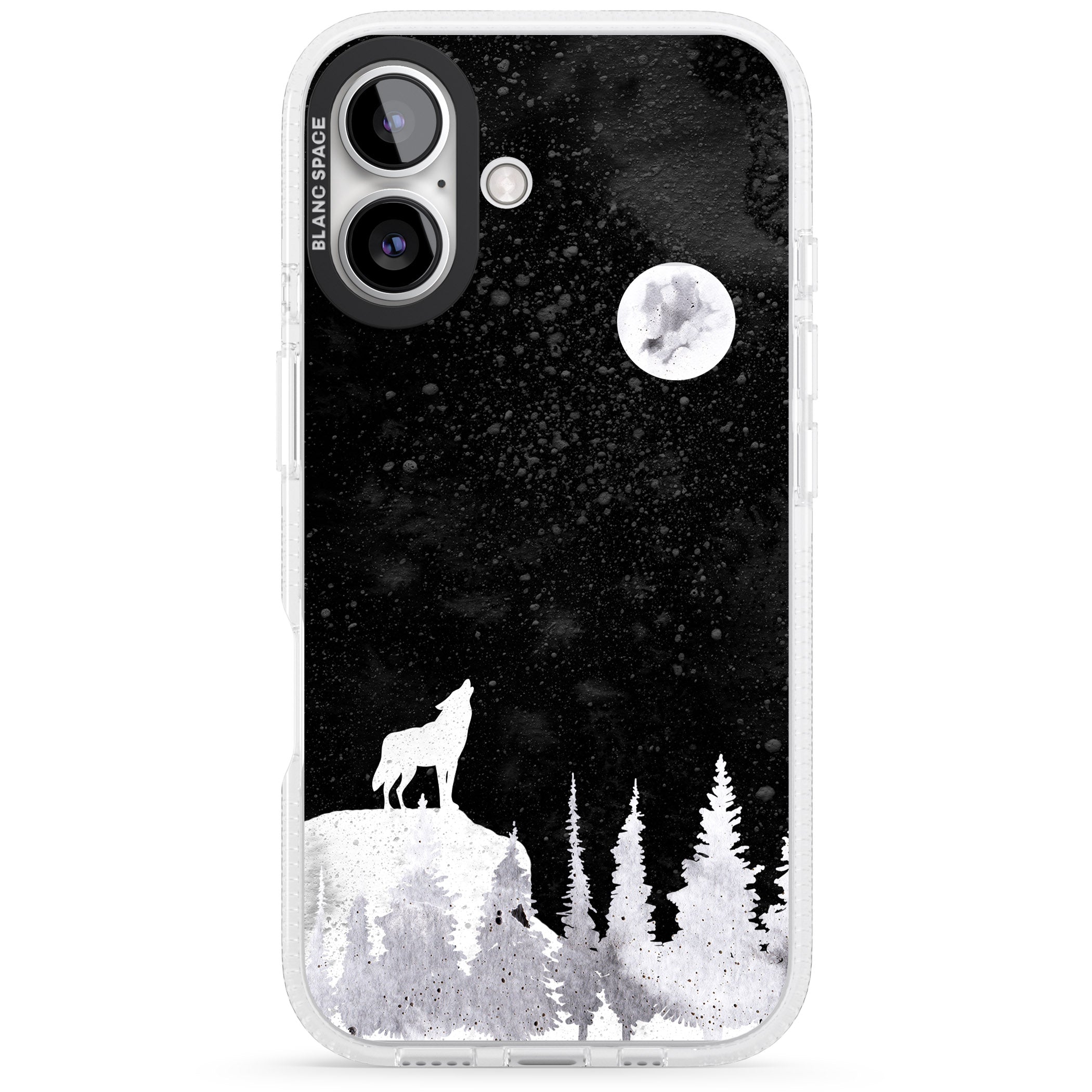 Moon Phases: Wolf & Full Moon iPhone 16 / 16 Plus Clear Case Impact Air - Blanc Space