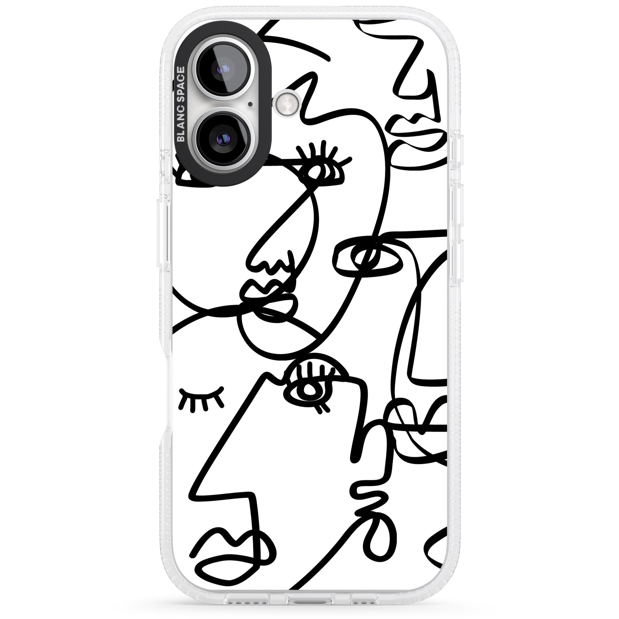 Abstract Continuous Line Faces Black on White iPhone 16 / 16 Plus Clear Case Impact Air - Blanc Space