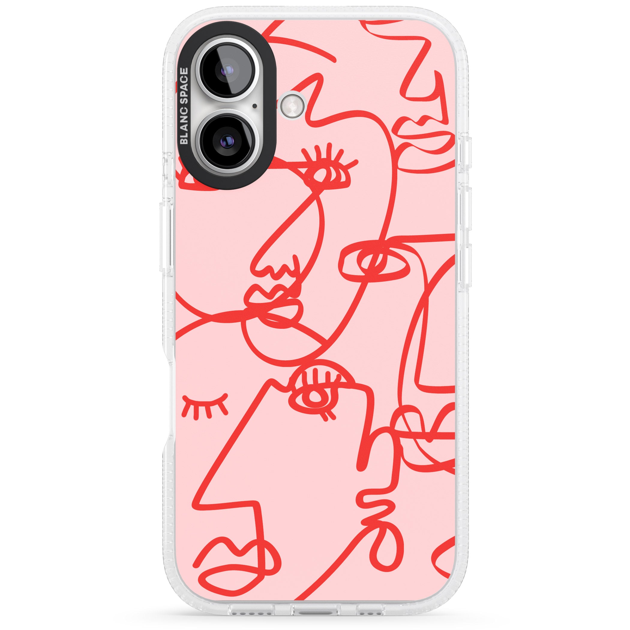 Abstract Continuous Line Faces Red on Pink iPhone 16 / 16 Plus Clear Case Impact Air - Blanc Space