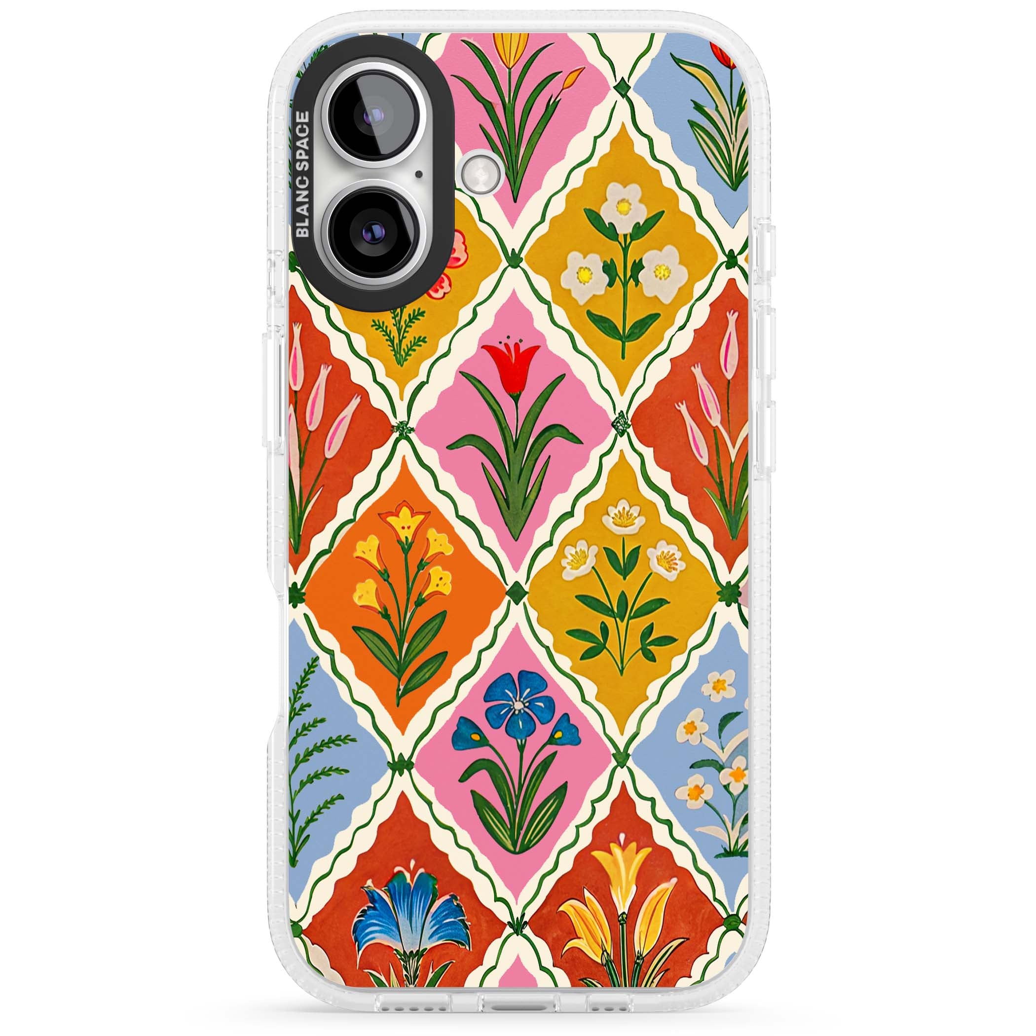 Floral Quilt boho floral iPhone case featuring diamond lattice pattern, hand-painted tulips and folk art wildflowers | Clear Case Impact Air case for iPhone 16, iPhone 16 Plus
