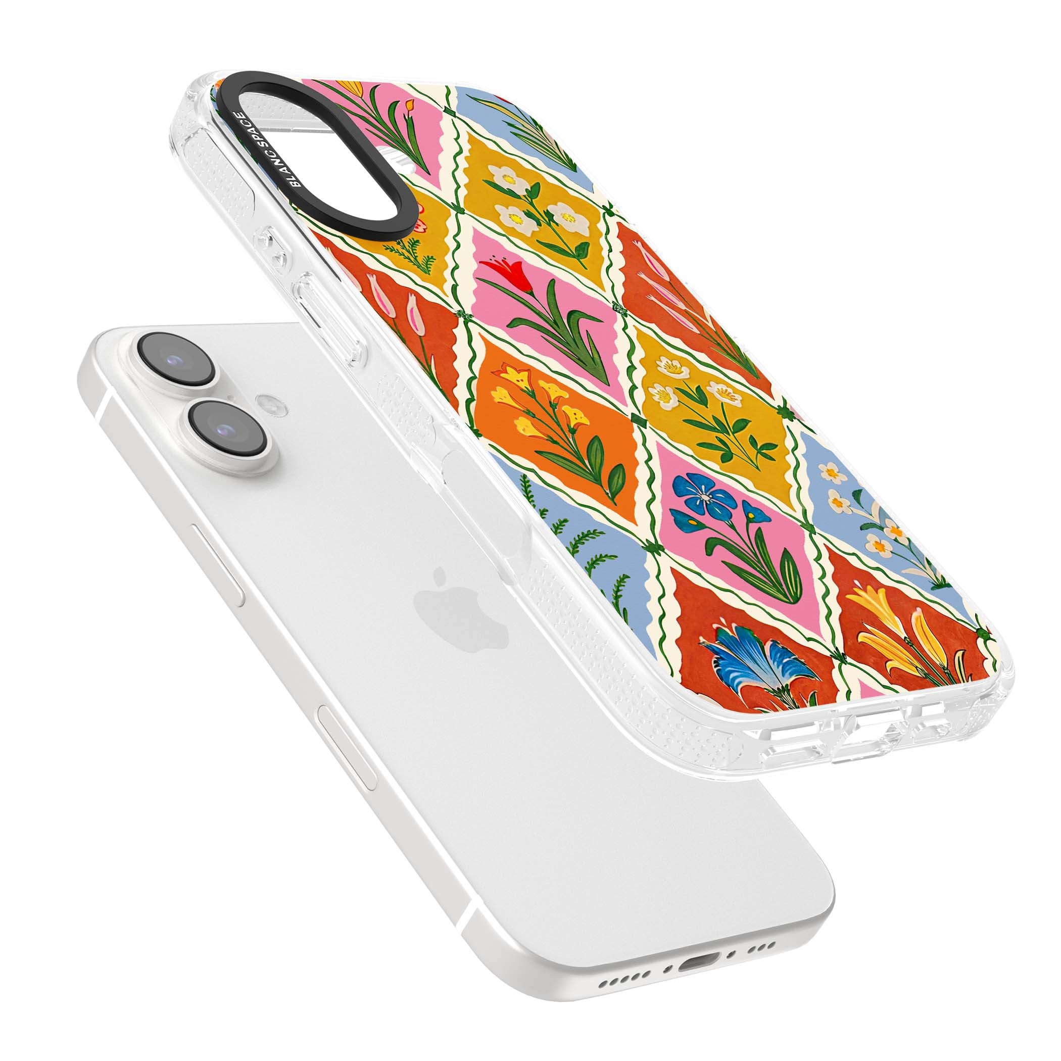 Floral Quilt boho floral iPhone case featuring diamond lattice pattern, hand-painted tulips and folk art wildflowers | Clear Case Impact Air case for iPhone 16, iPhone 16 Plus