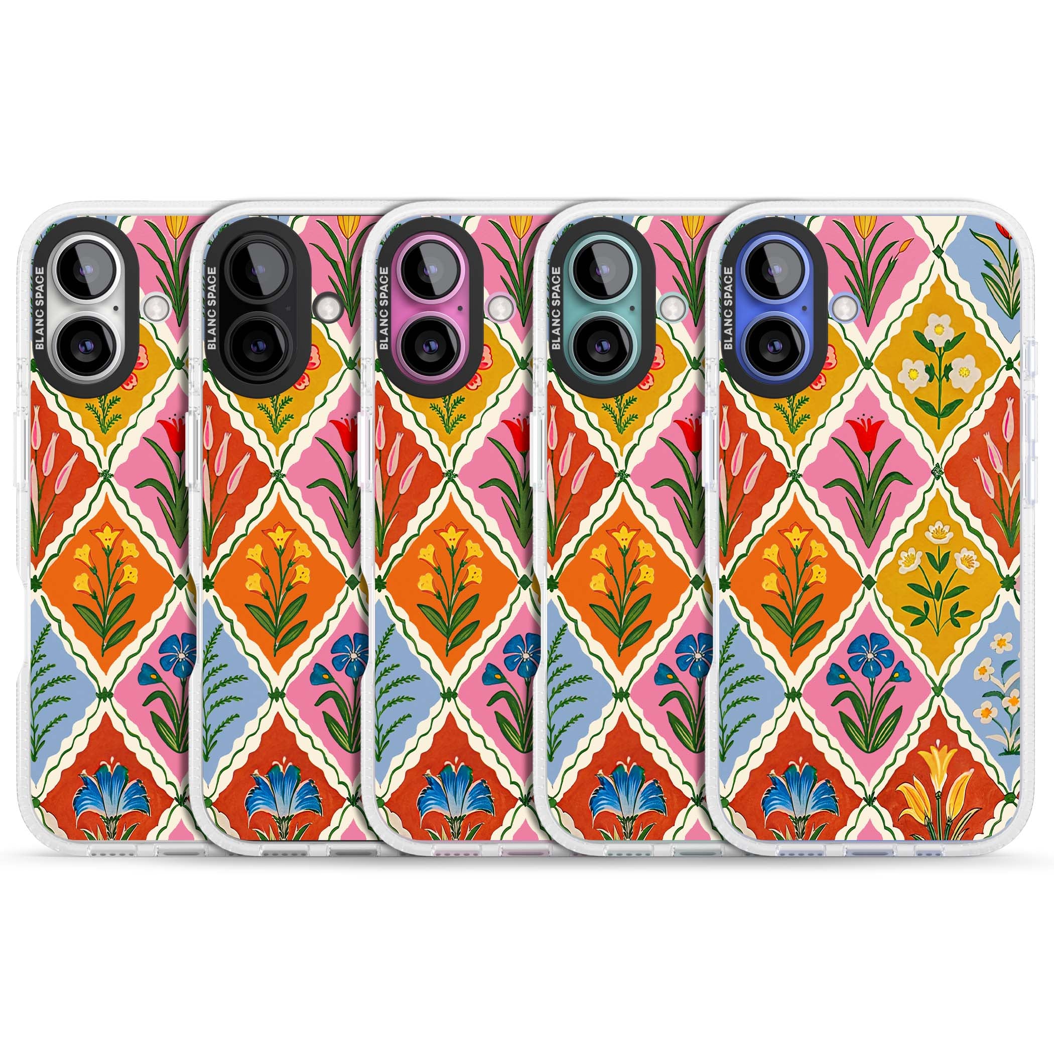 Floral Quilt boho floral iPhone case featuring diamond lattice pattern, hand-painted tulips and folk art wildflowers | Clear Case Impact Air case for iPhone 16, iPhone 16 Plus