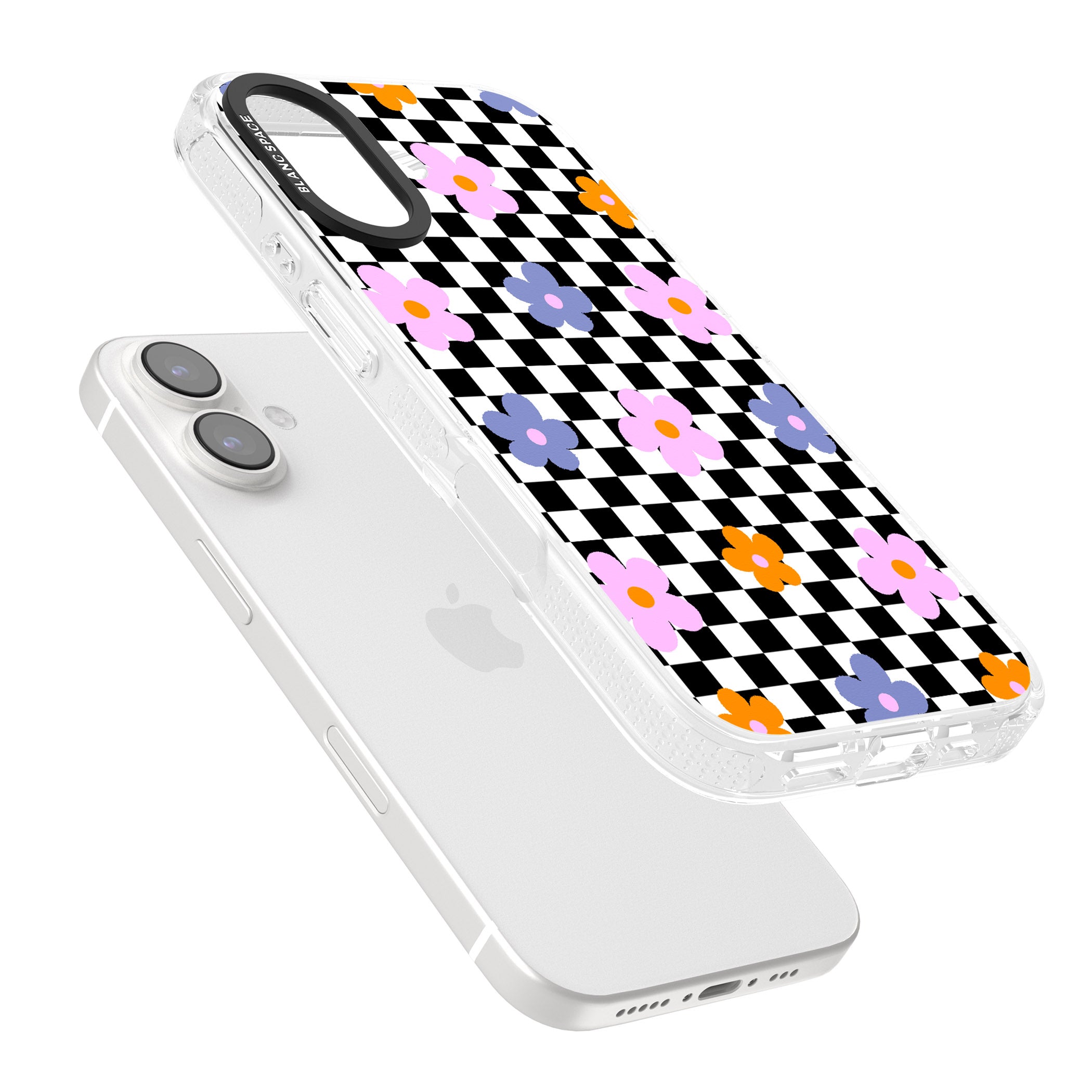 Checkered Blossom iPhone 16 / 16 Plus Clear Case Impact Air - Blanc Space