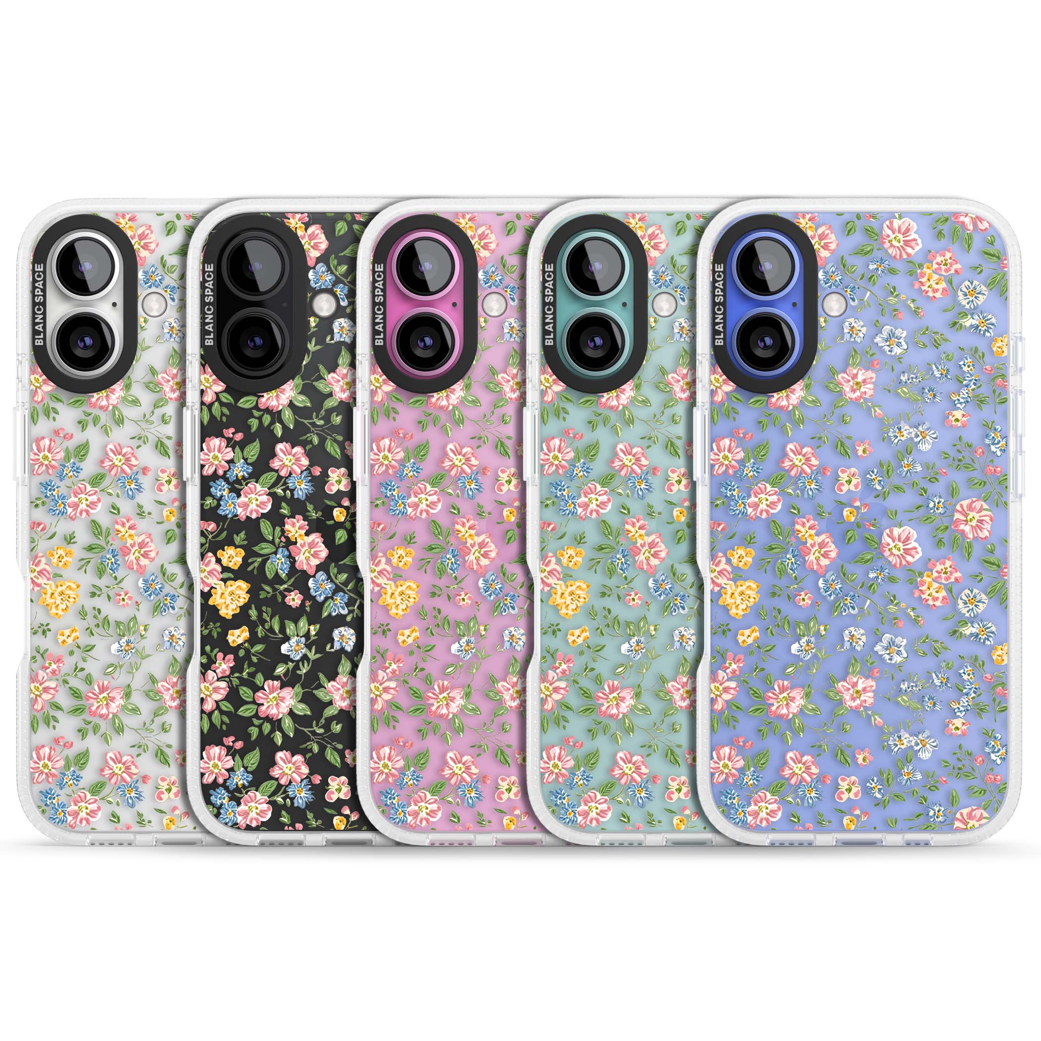 Soft Meadow cottagecore iPhone case featuring pink cosmos, blue forget-me-nots, yellow buttercups and green leaves sca | Clear Case Impact Air case for iPhone 16, iPhone 16 Plus