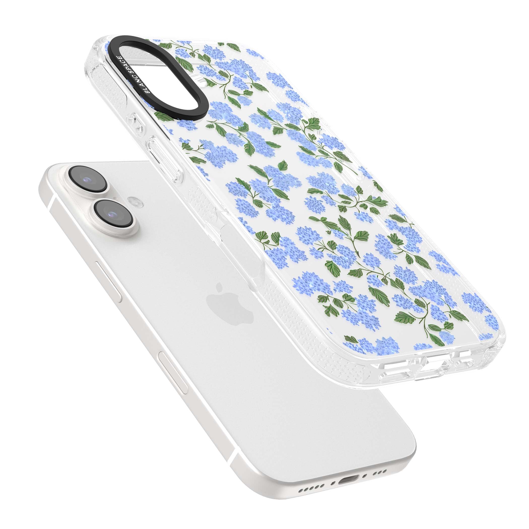 Hydrangea Dreams cottagecore iPhone case featuring soft blue hydrangea flower clusters and green leaves | Clear Case Impact Air case for iPhone 16, iPhone 16 Plus