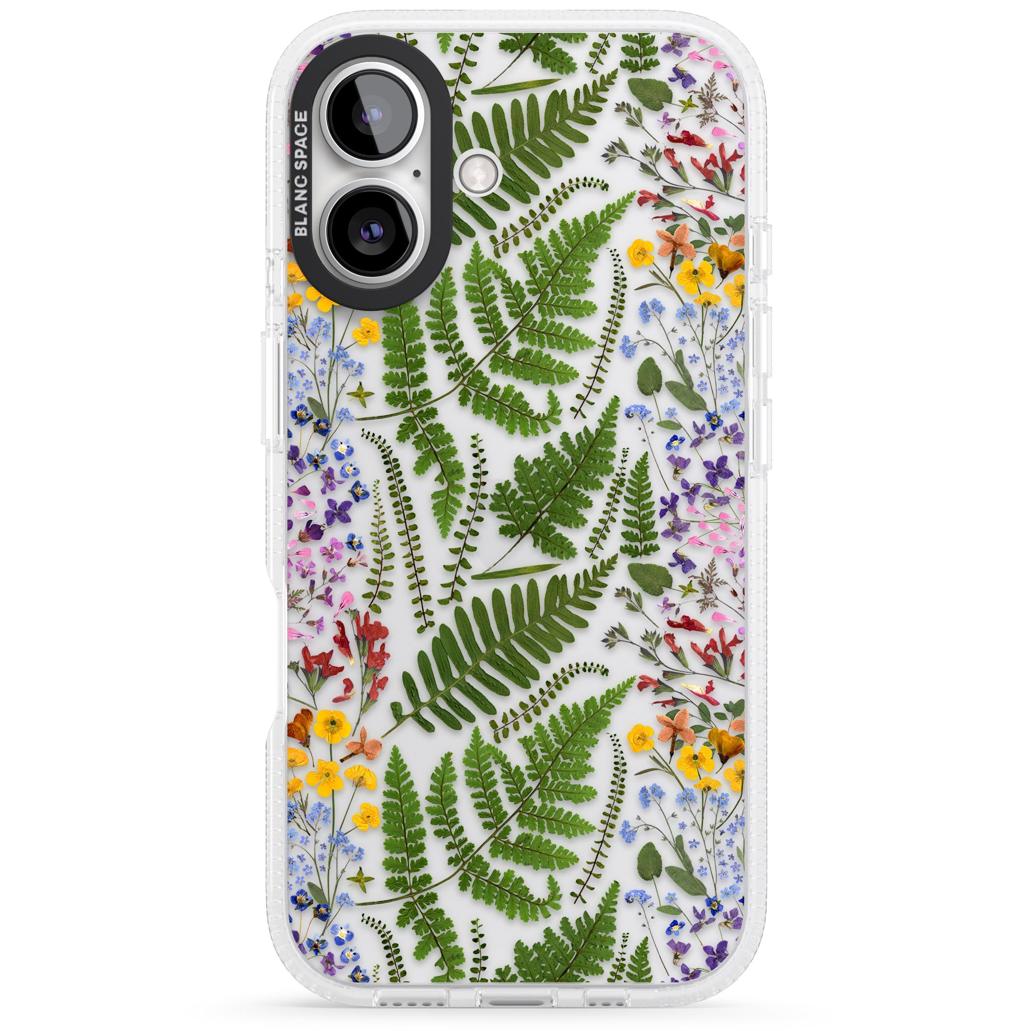 Busy Floral and Fern Design iPhone 16 / 16 Plus Clear Case Impact Air - Blanc Space