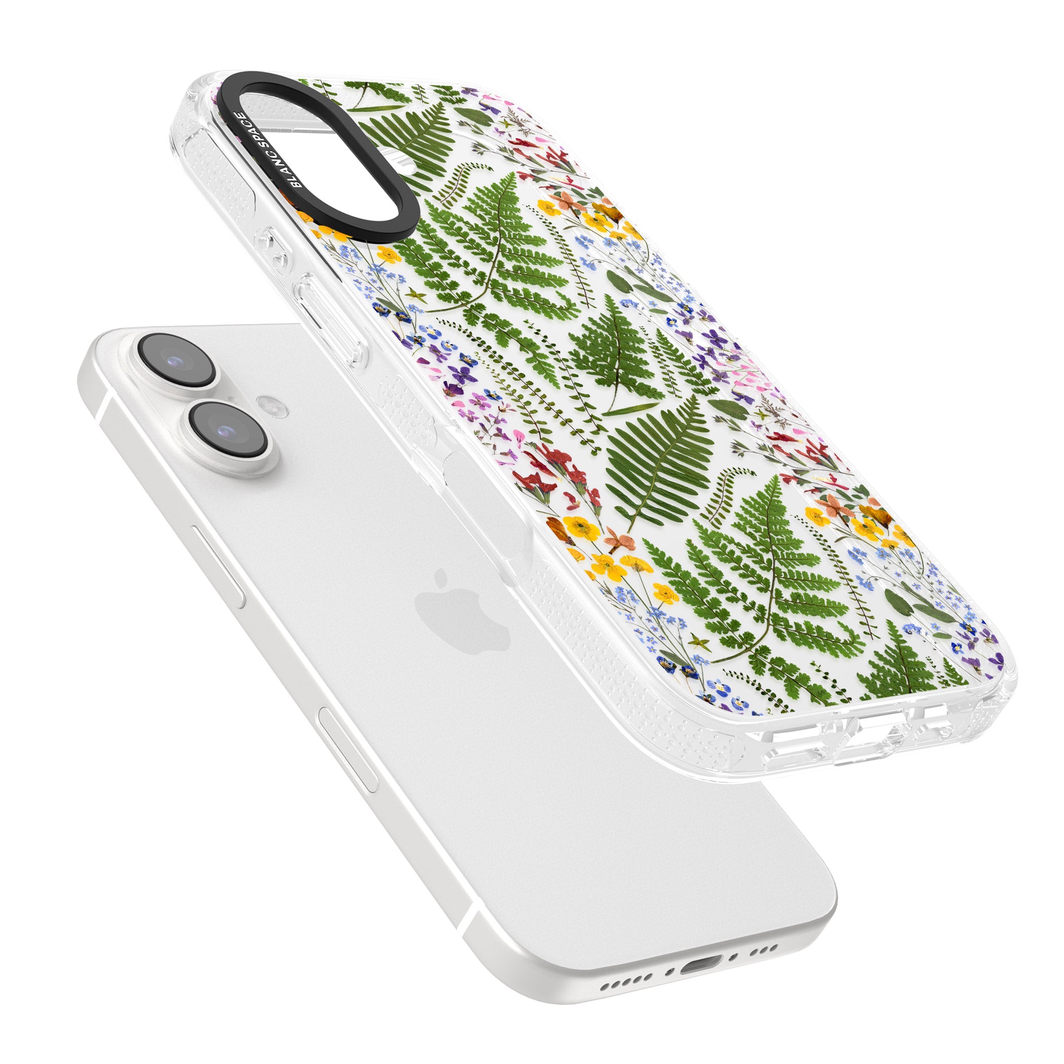 Busy Floral and Fern Design iPhone 16 / 16 Plus Clear Case Impact Air - Blanc Space