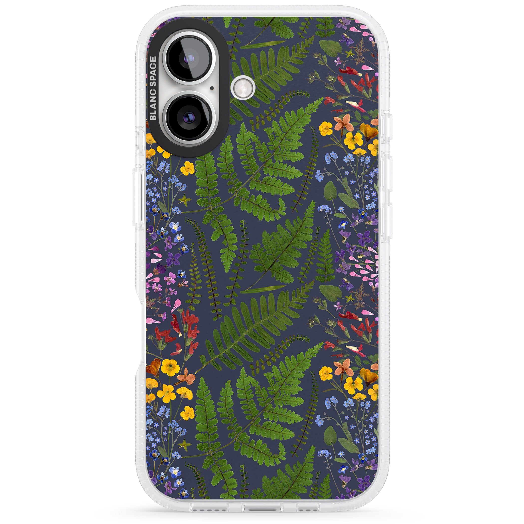Busy Floral and Fern Design - Navy iPhone 16 / 16 Plus Clear Case Impact Air - Blanc Space