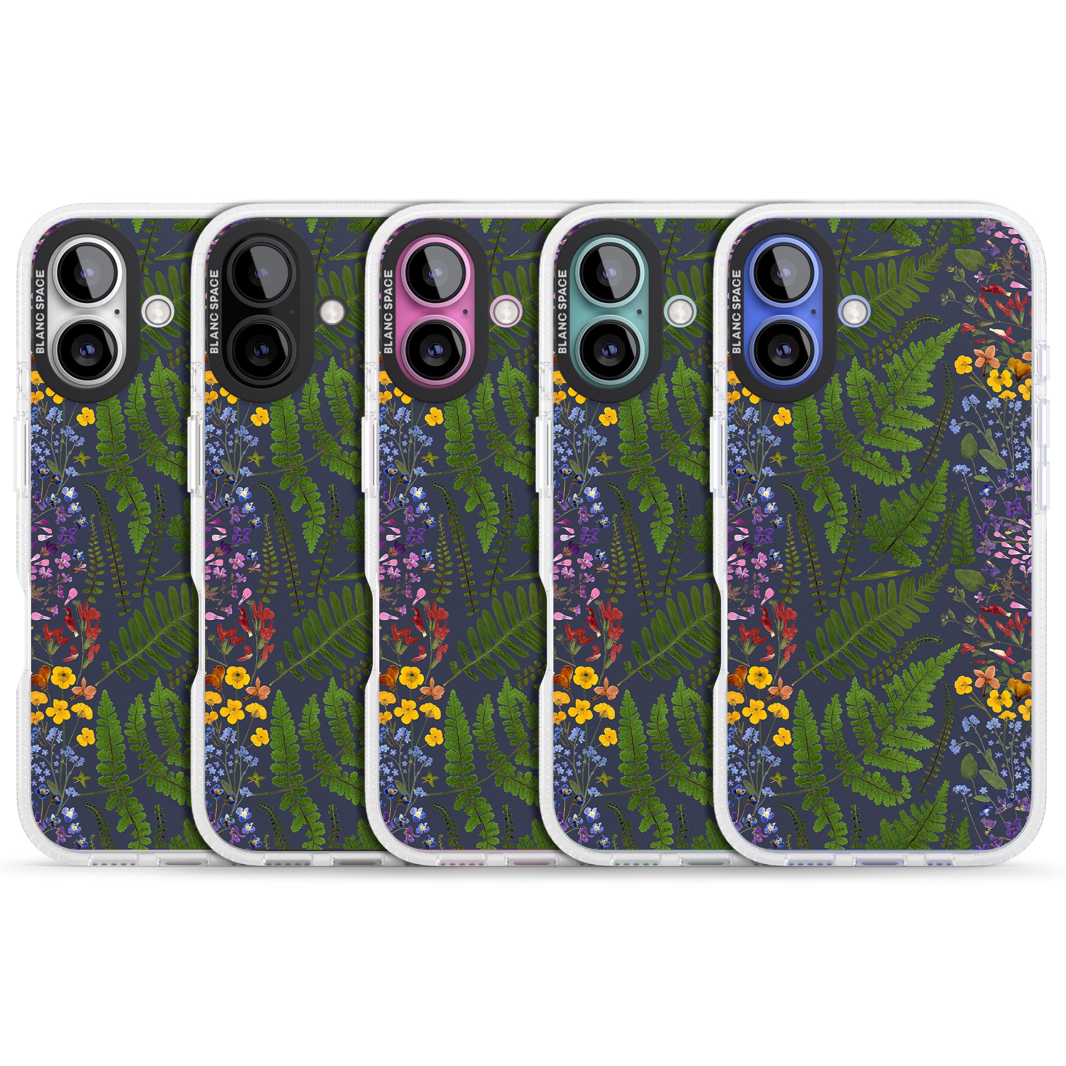 Busy Floral and Fern Design - Navy iPhone 16 / 16 Plus Clear Case Impact Air - Blanc Space