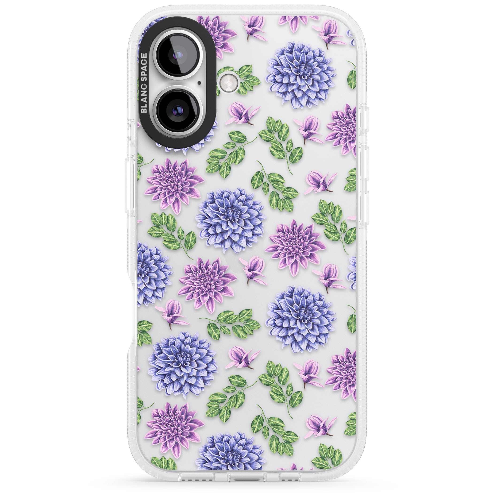 Purple Dahlias Transparent Floral iPhone 16 / 16 Plus Clear Case Impact Air - Blanc Space