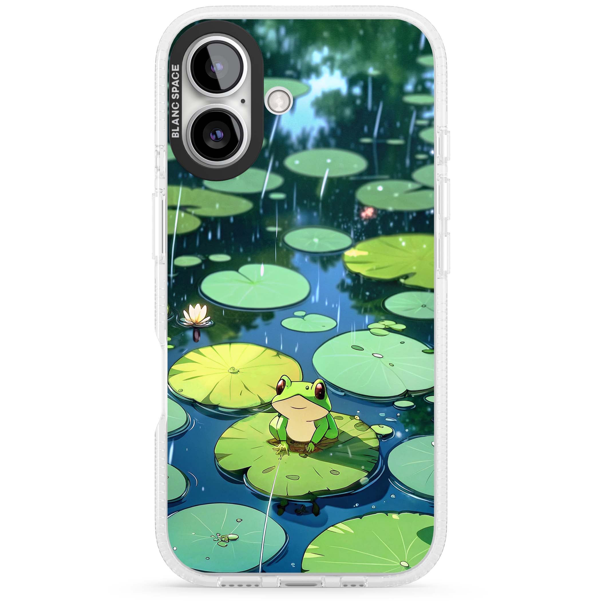 Frog In Lily Pond cottagecore iPhone case featuring a cute green frog on a lily pad with falling rain and a lotus flower | Clear Case Impact Air case for iPhone 16, iPhone 16 Plus