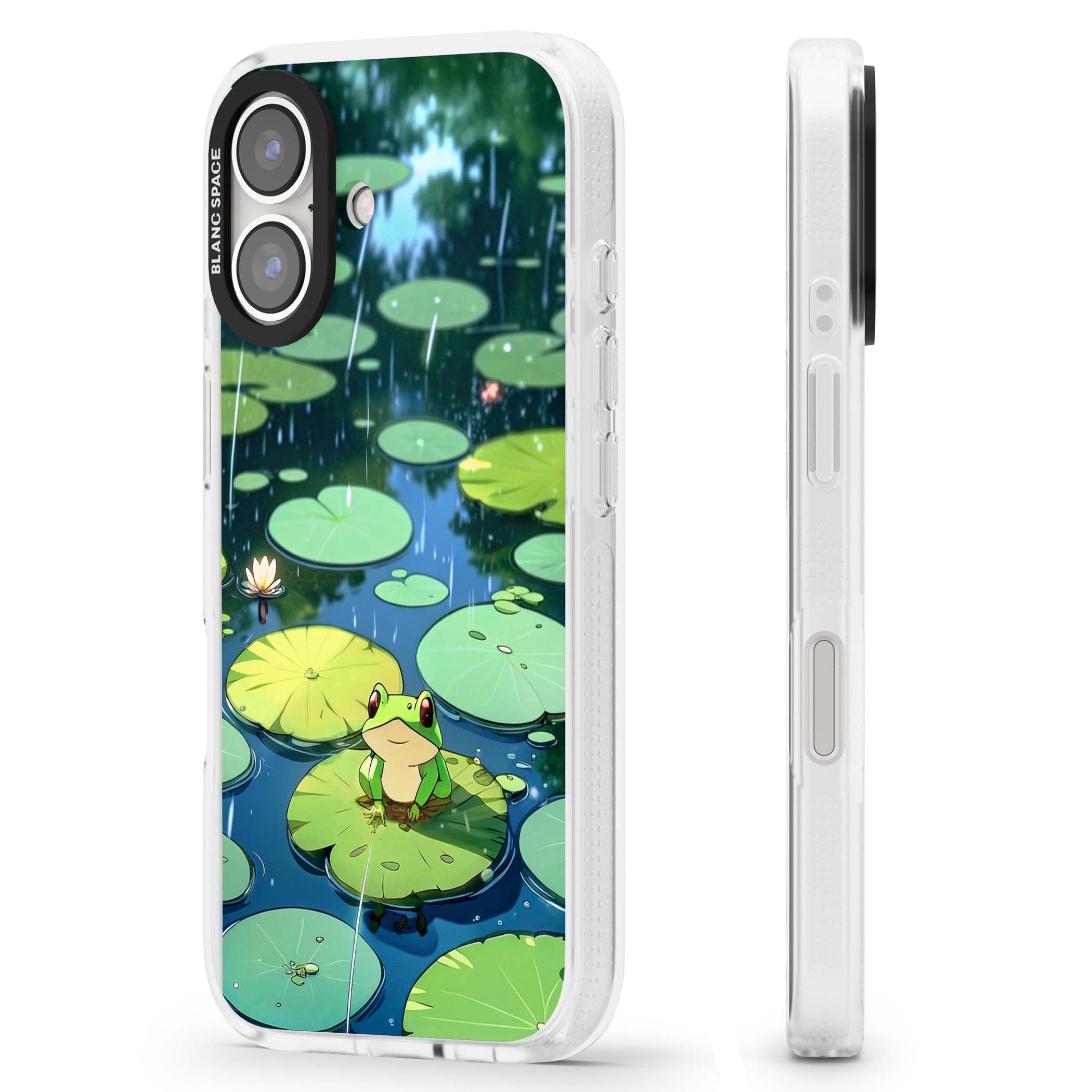 Frog In Lily Pond cottagecore iPhone case featuring a cute green frog on a lily pad with falling rain and a lotus flower | Clear Case Impact Air case for iPhone 16, iPhone 16 Plus