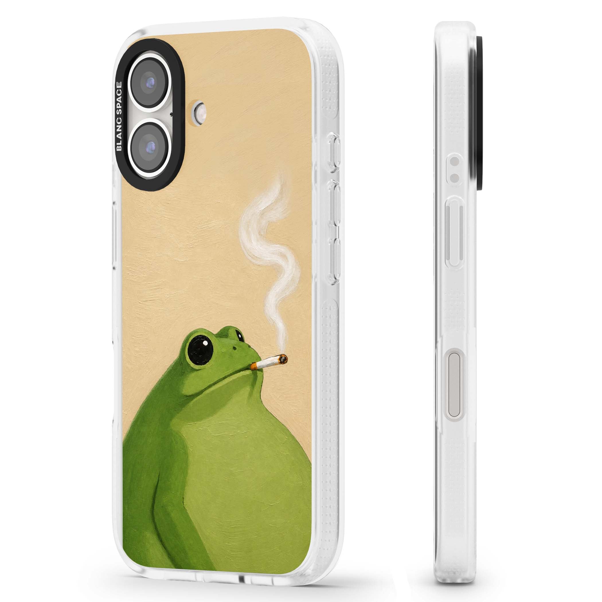 The Smoking Frog cottagecore iPhone case featuring a hand-painted green frog smoking a cigarette on a cream oil painting back | Clear Case Impact Air case for iPhone 16, iPhone 16 Plus