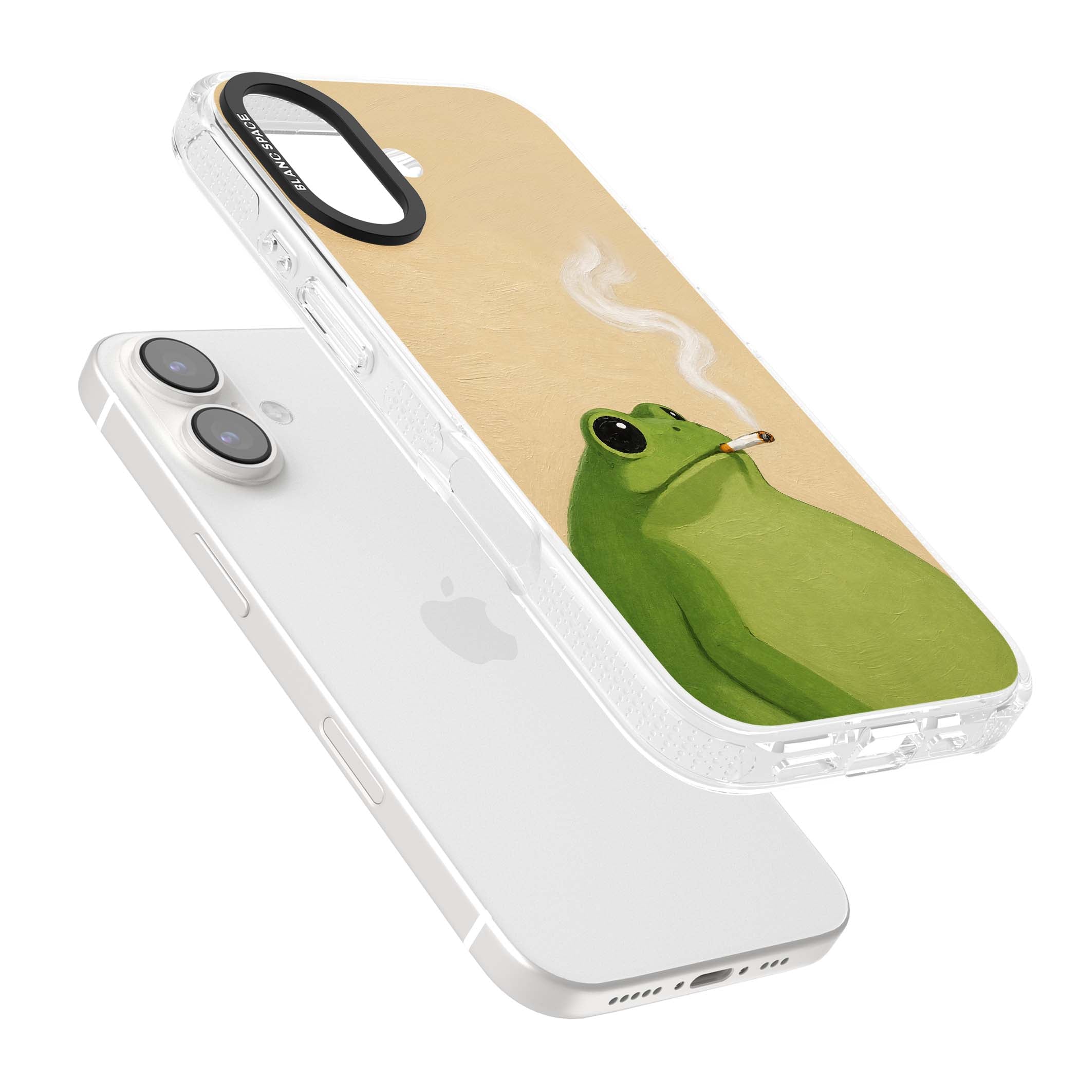 The Smoking Frog cottagecore iPhone case featuring a hand-painted green frog smoking a cigarette on a cream oil painting back | Clear Case Impact Air case for iPhone 16, iPhone 16 Plus