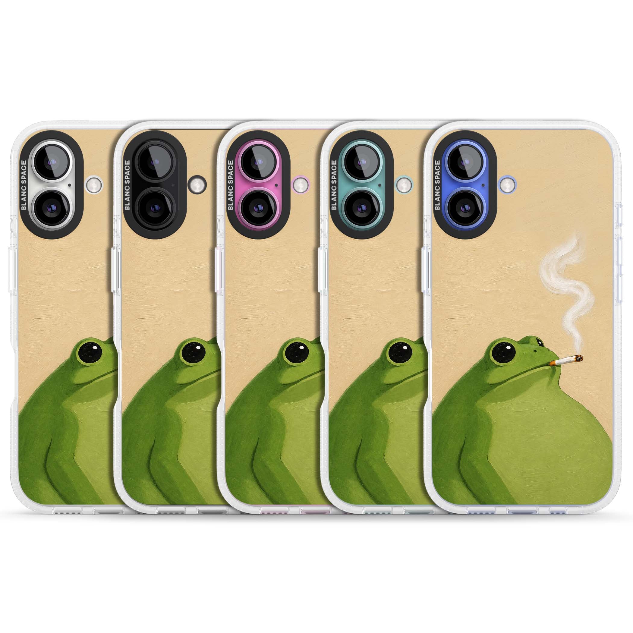 The Smoking Frog cottagecore iPhone case featuring a hand-painted green frog smoking a cigarette on a cream oil painting back | Clear Case Impact Air case for iPhone 16, iPhone 16 Plus