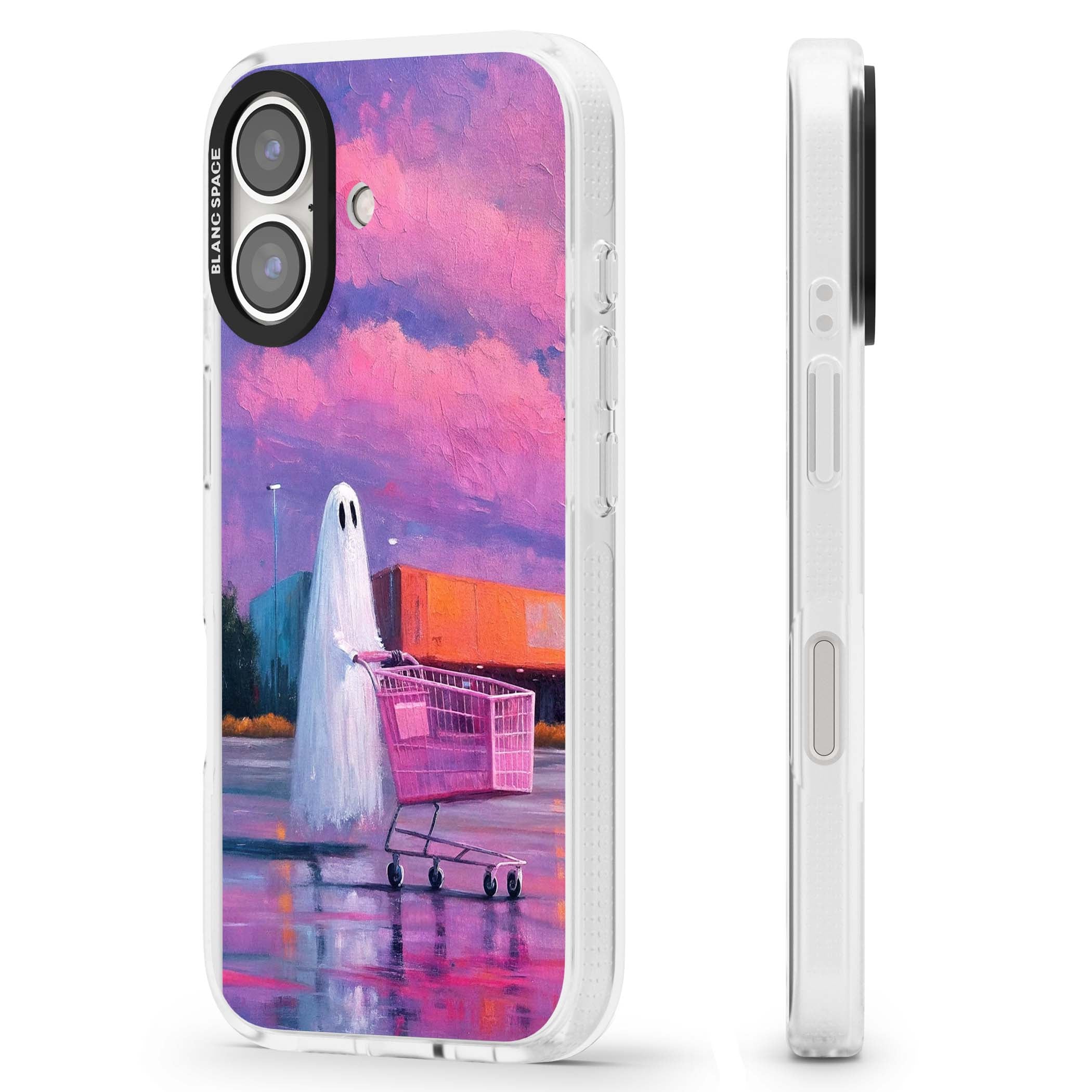 A Ghost's Errand ghost halloween iPhone case featuring a painted ghost, pink shopping trolley and purple sunset sky | Clear Case Impact Air case for iPhone 16, iPhone 16 Plus