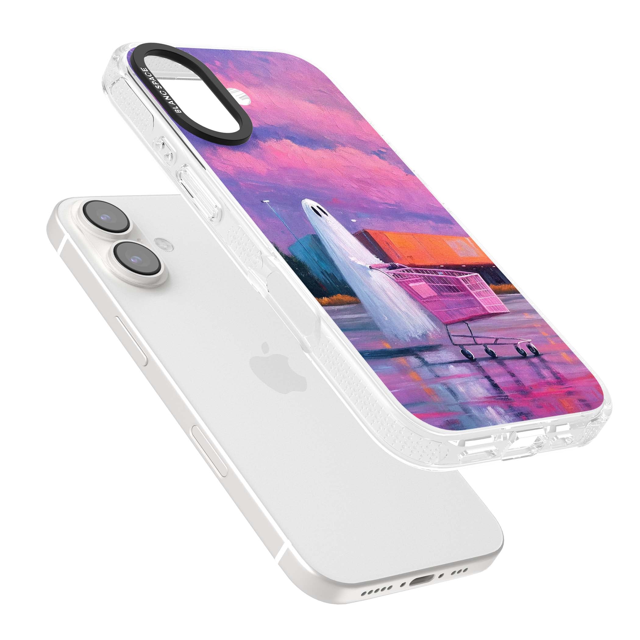 A Ghost's Errand ghost halloween iPhone case featuring a painted ghost, pink shopping trolley and purple sunset sky | Clear Case Impact Air case for iPhone 16, iPhone 16 Plus