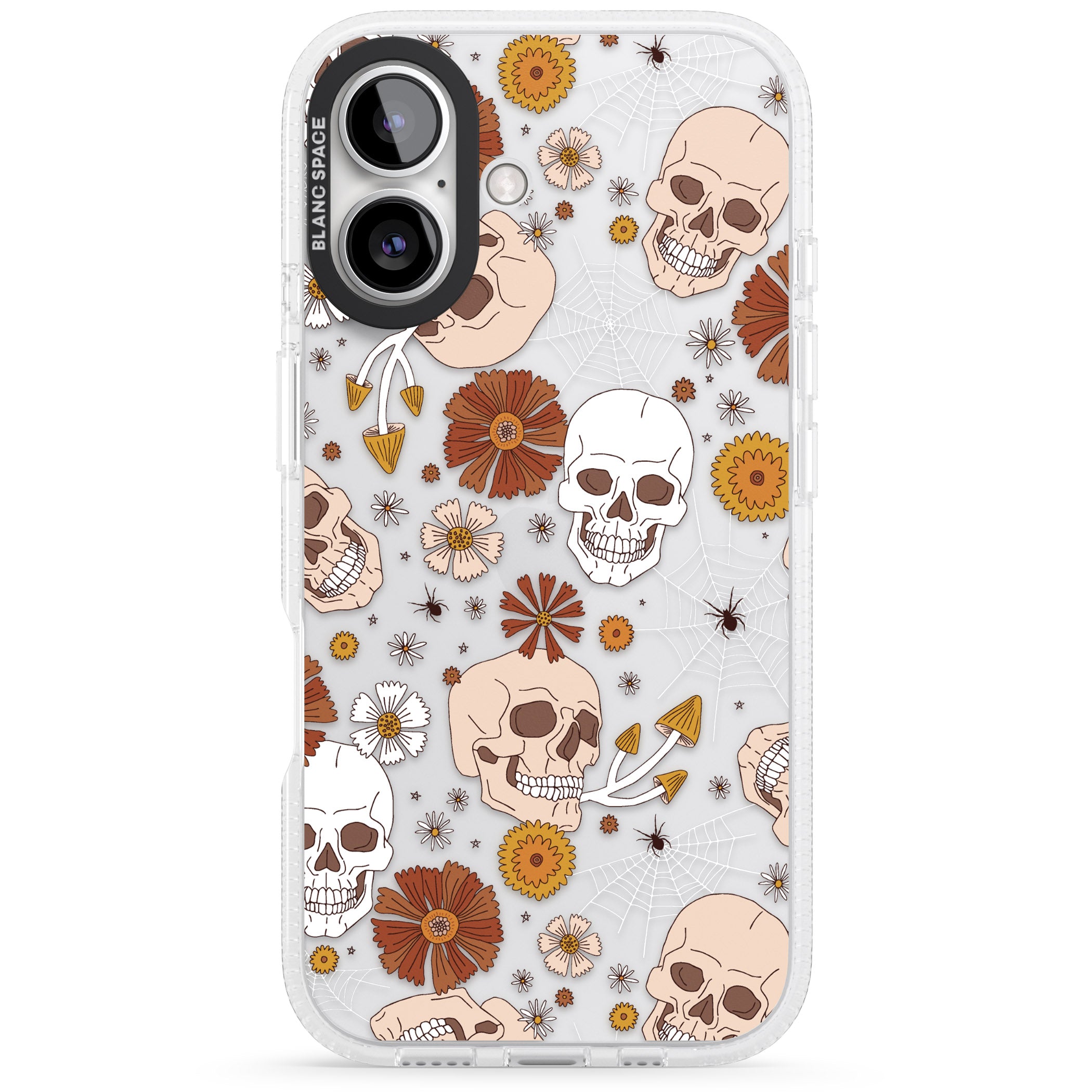 Halloween Skulls and Flowers iPhone 16 / 16 Plus Clear Case Impact Air - Blanc Space