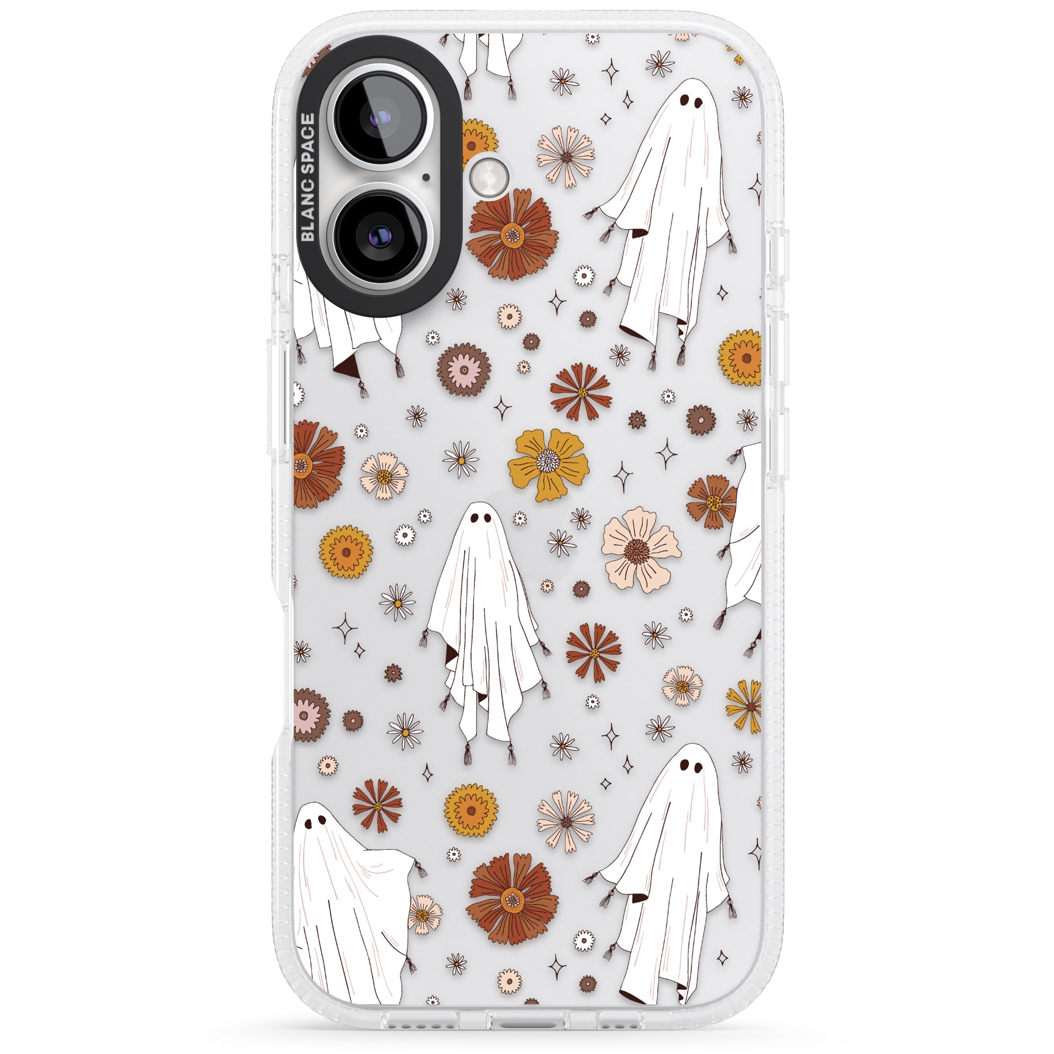 Halloween Ghosts and Flowers iPhone 16 / 16 Plus Clear Case Impact Air - Blanc Space