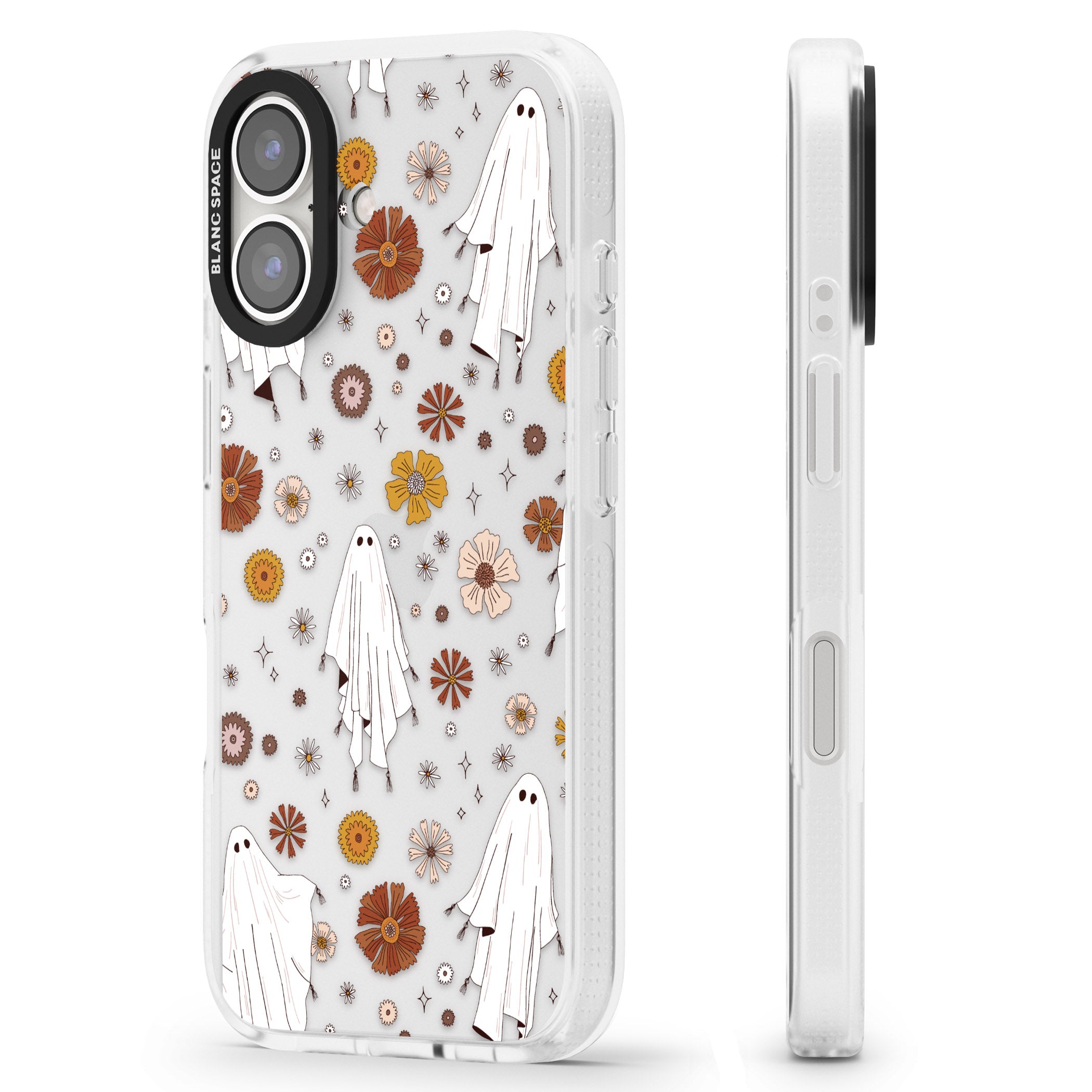Halloween Ghosts and Flowers iPhone 16 / 16 Plus Clear Case Impact Air - Blanc Space