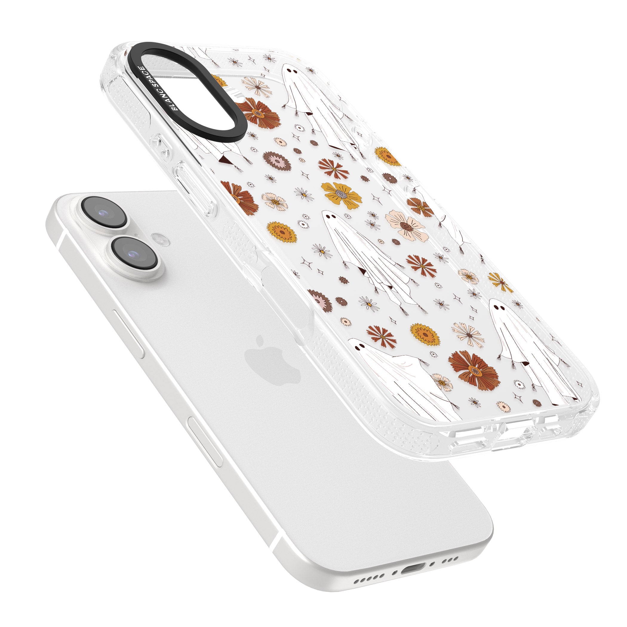 Halloween Ghosts and Flowers iPhone 16 / 16 Plus Clear Case Impact Air - Blanc Space
