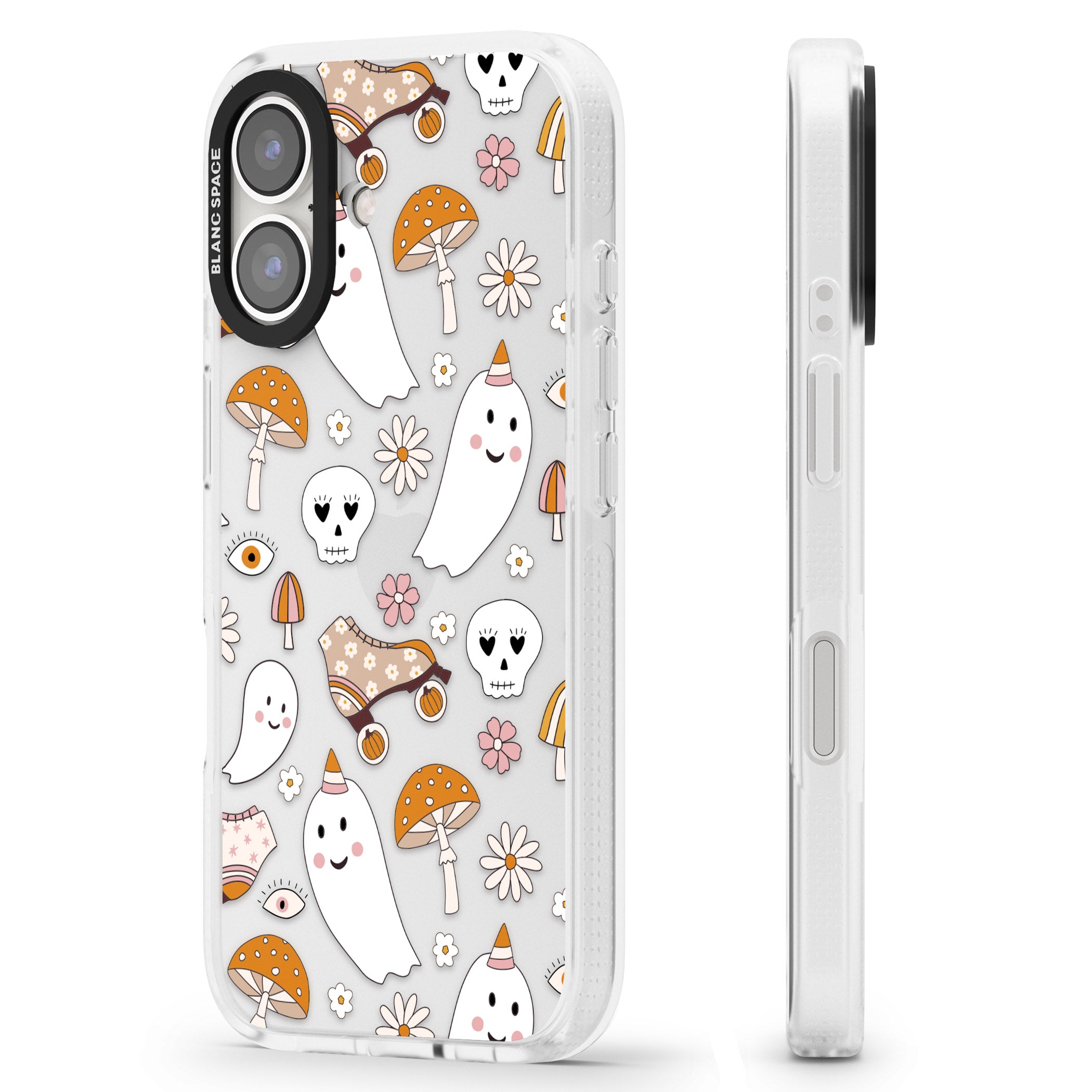 Cute Ghost and Skulls Pattern iPhone 16 / 16 Plus Clear Case Impact Air - Blanc Space