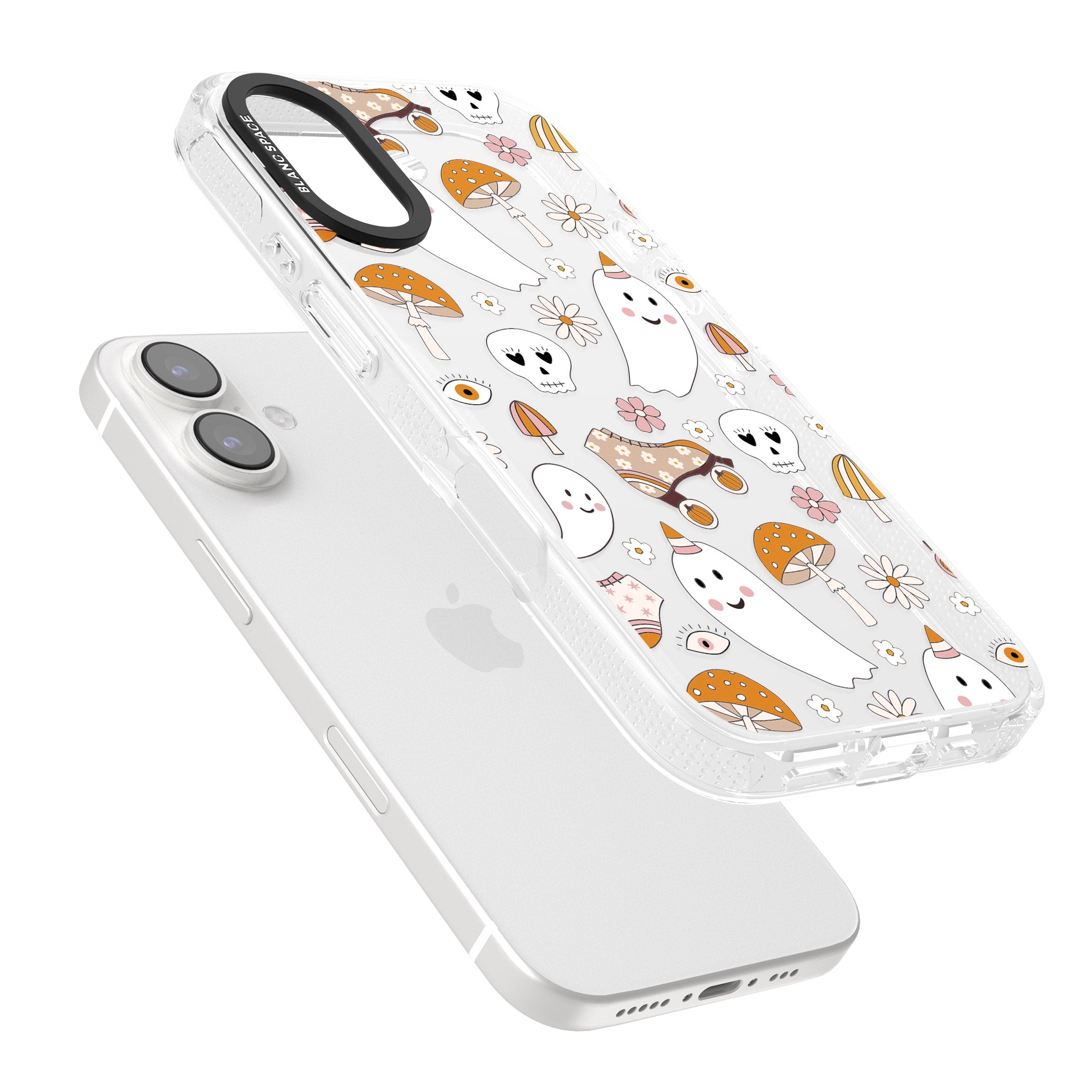 Cute Ghost and Skulls Pattern iPhone 16 / 16 Plus Clear Case Impact Air - Blanc Space